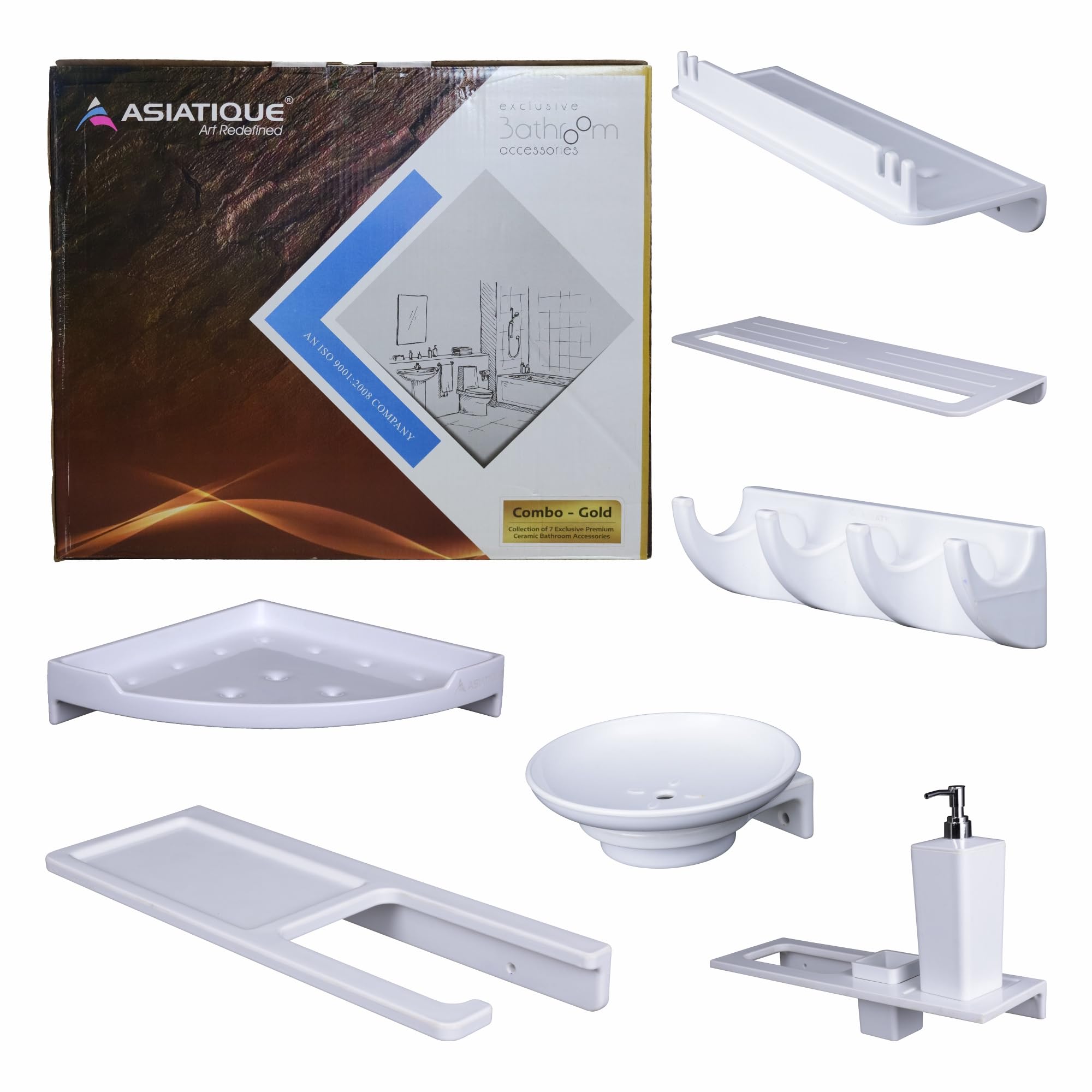 ASIATIQUE Combo Gold Ceramic Bathroom Accessories Set | 7-Piece White Set | Includes Soap Cup, Sink Rack, Towel Rack, Shower Rack, Tissue & Mobile Holder, Corner Stand, & Door Robe with 4 Hooks (B0D5HT38N5) Amazon Price History, Amazon Price Tracker