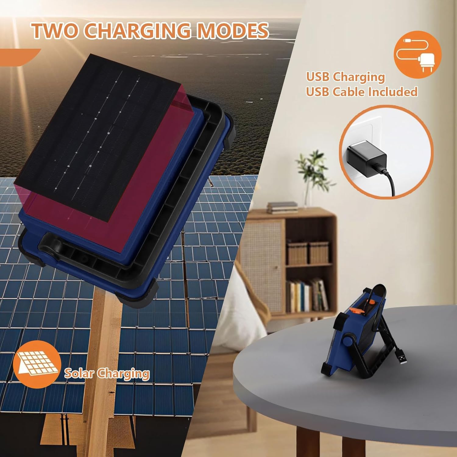 120W Solar Rechargeable Work Light, 144 LED Portable Flood Light with Stand, IP66 Waterproof 4 Modes LED Job Site Lighting Flashlights for Mechanic Camping Fishing Car Repair(Blue 1 Pack)
