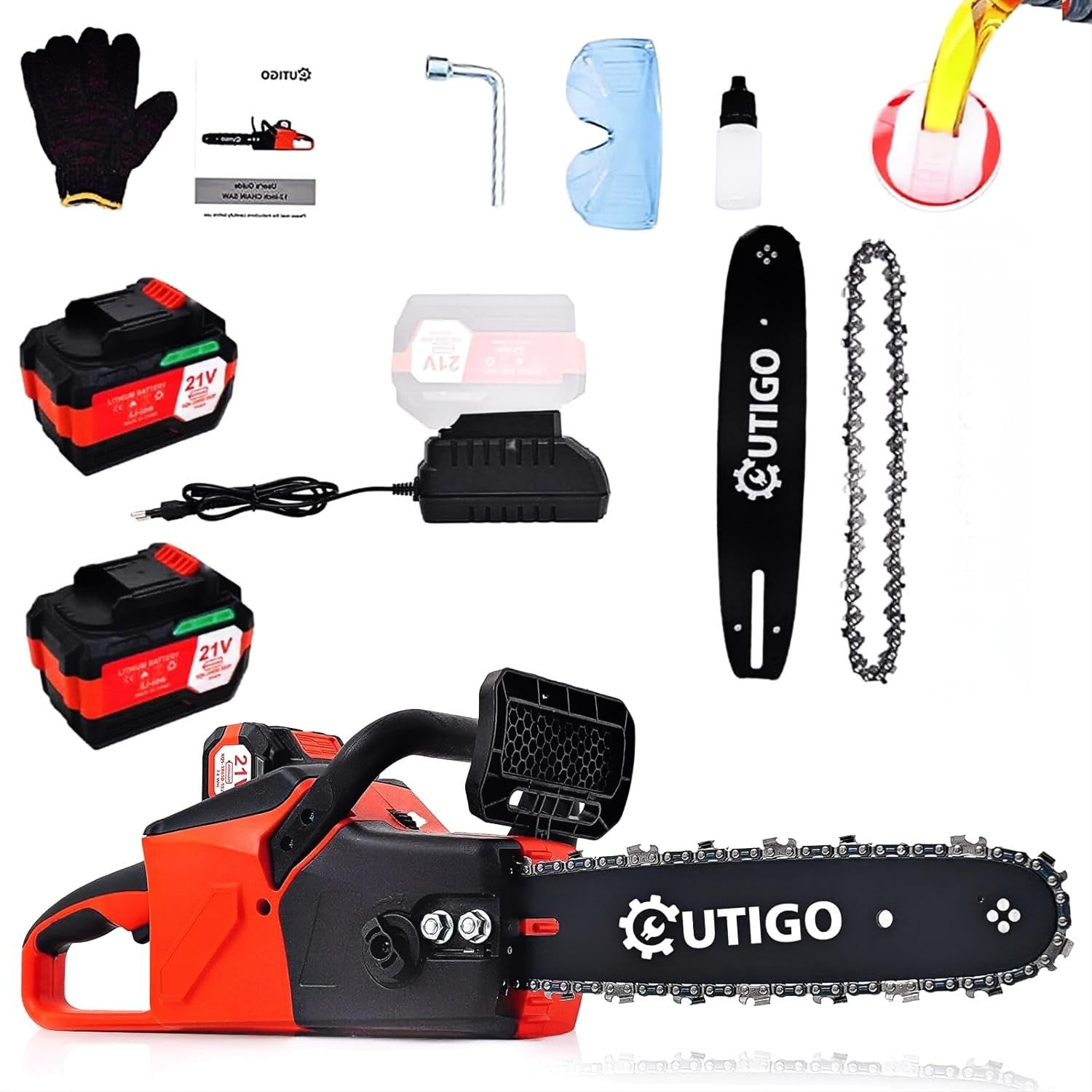 Cordless Electric Chainsaw, 1000W Brushless Chainsaw 12-Inch with 2×21V Batteries, 2 Replacement Chains & 1 Guide Bars & Charger, Bettery Electric Suit for Wood Cutting Trimming Branch