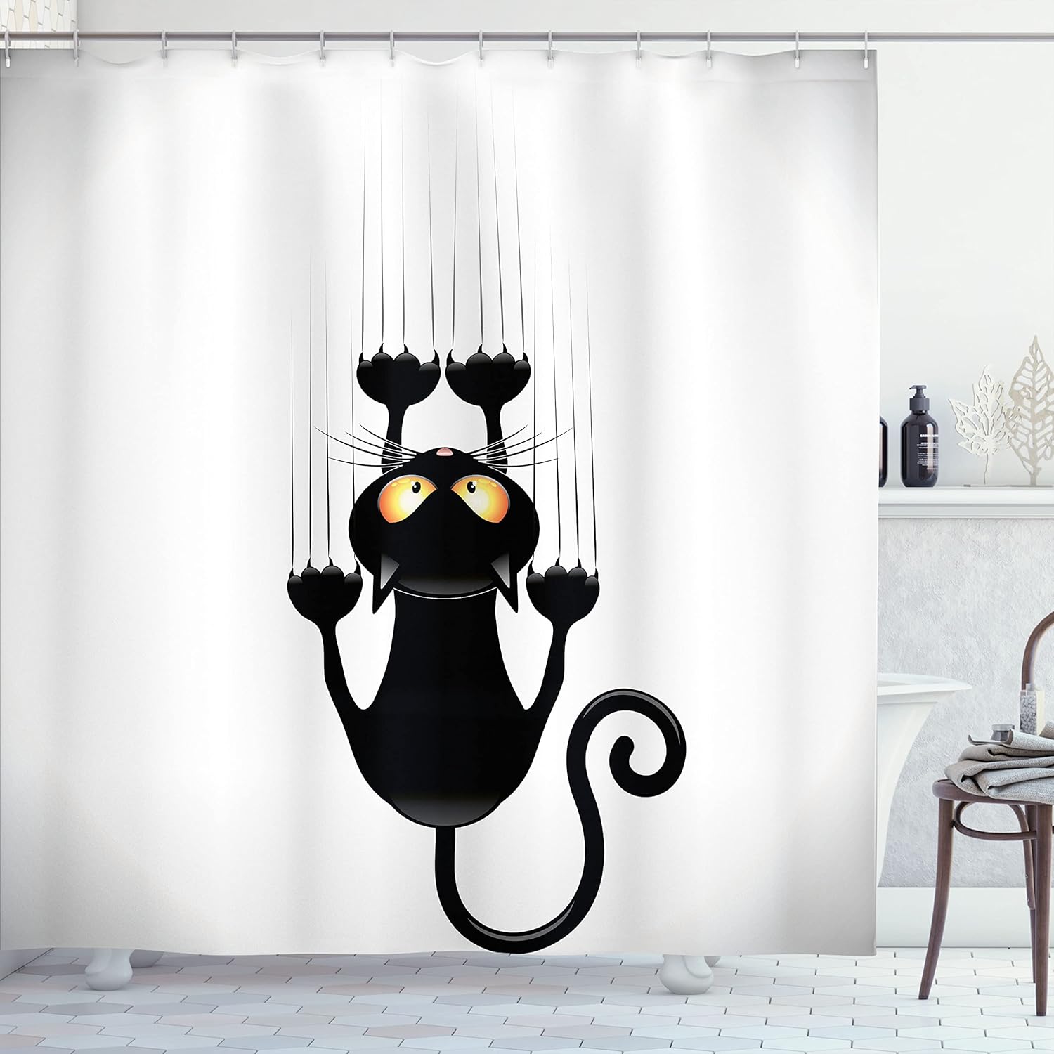 Ambesonne Funny Shower Curtain, Naughty Cat Scratching The Wall with His Paws Grumpy
