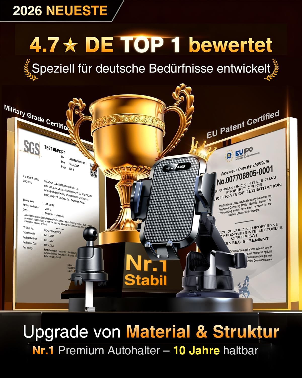 VANMASS 2026 Militärische Handyhalterung Auto Upgrade【Stärkste Saugnapf & Lüftungshaken 】4 in 1 Smartphone Auto Handyhalter 360°drehbar Autohalter auf Armaturenbrett Scheibe für iPhone Samsung,Schwarz