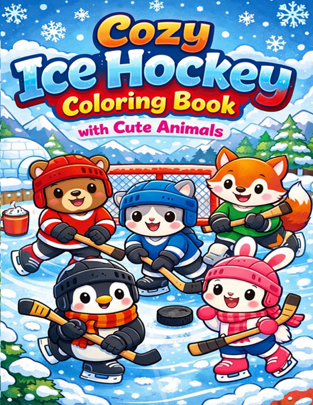 Cozy Ice Hockey Coloring Book with Cute Animals: Bold and Easy Ice Hockey Scenes with Adorable Animal Characters