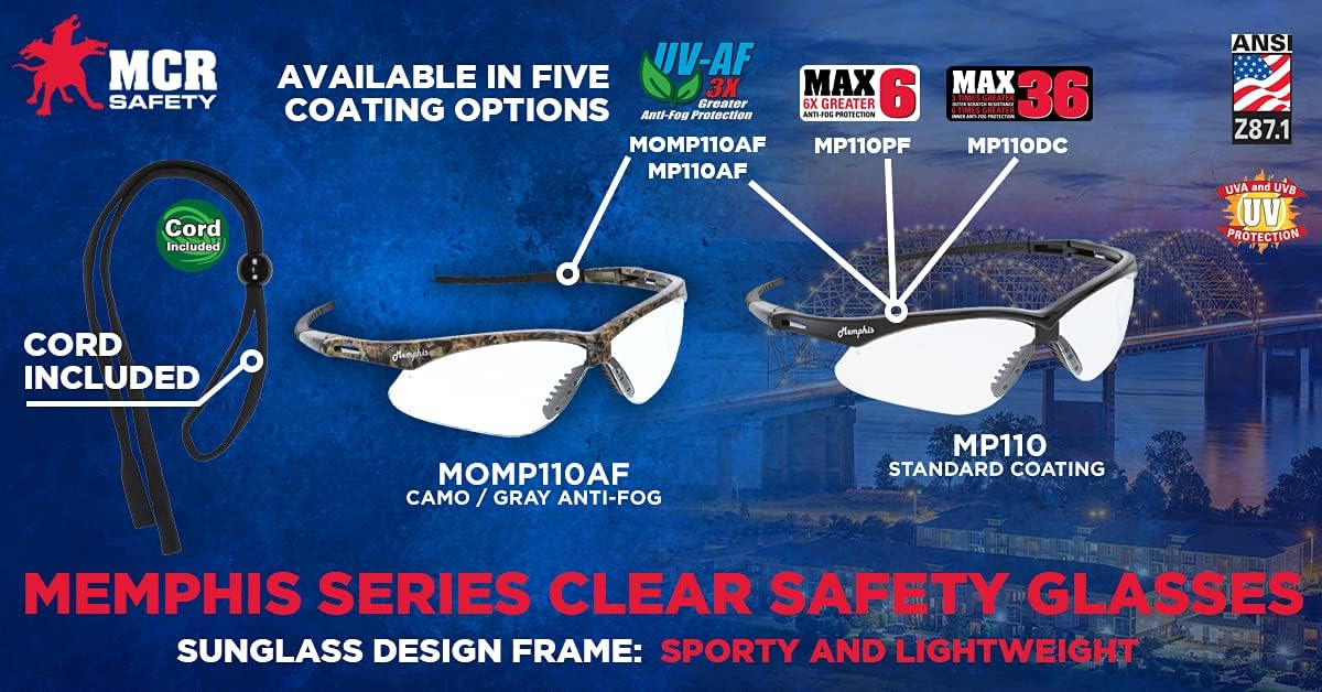MCR Safety Memphis Series MOMP110AF Safety Glasses, Eye Protection, Mossy Oak Frame, Clear UV-AF Anti-Fog Lens