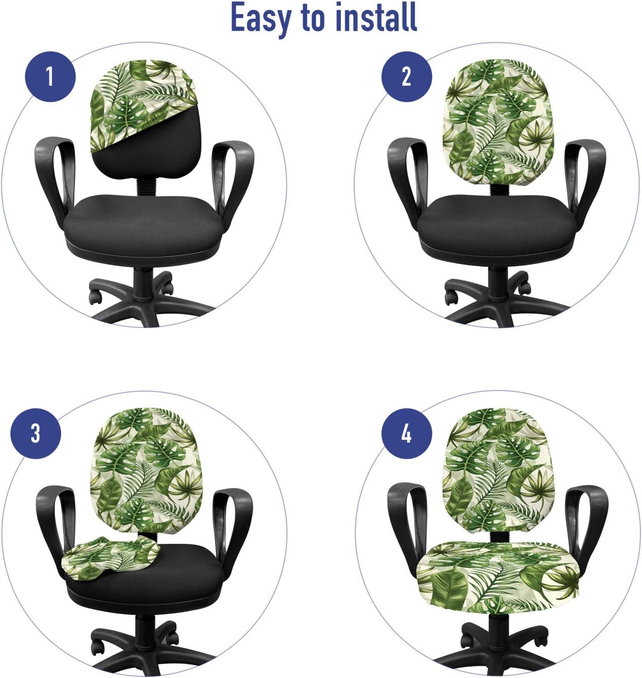 Lunarable Tropical Office Chair Slipcover, Rainforest Island Jungle Foliage Pattern Green Leaves Retro Nature, Protective Stretch Decorative Fabric Cover, Green Olive Green Cream