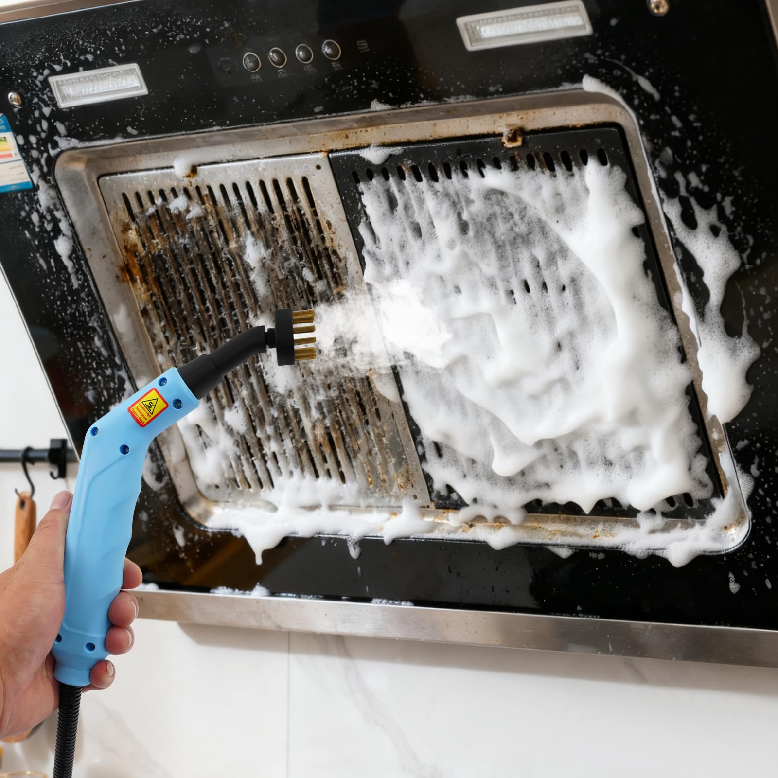 Myjka parowa 1500 W, ręczna myjka parowa z ciśnieniem 4,5 bar i 6 końcówkami, ogrzewanie 13 sekund, wąż 2 m, zbiornik 1,2 l, do gospodarstwa domowego, kuchni, łazienki, tapicerki, płytek (błękitna)