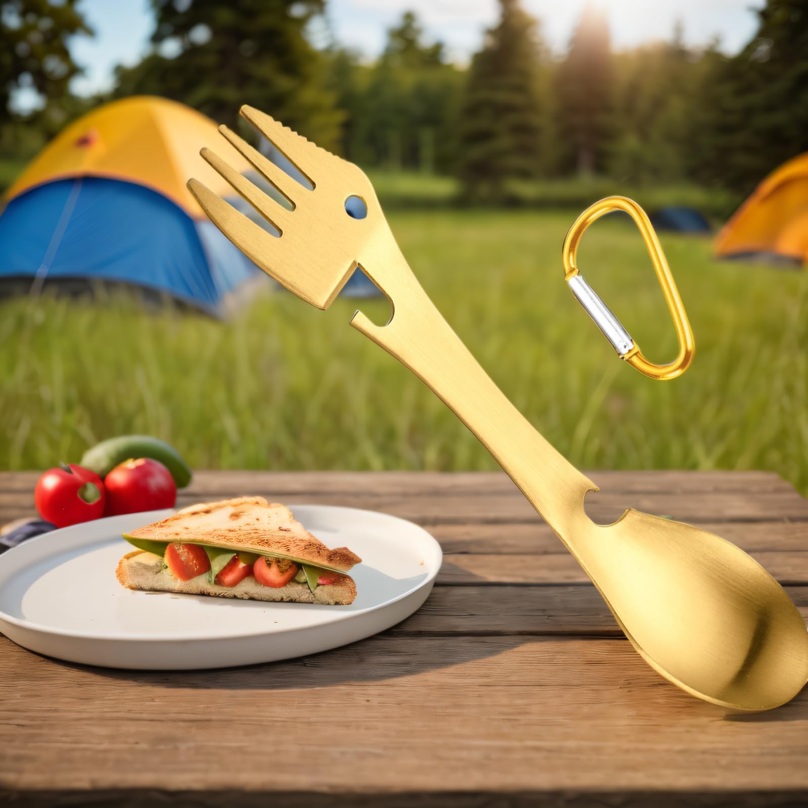 430 Stainless Steel Outdoor Camping Knife Fork Spoon Integrated Bottle Opener Round Head Gold with Mountaineering Buckle