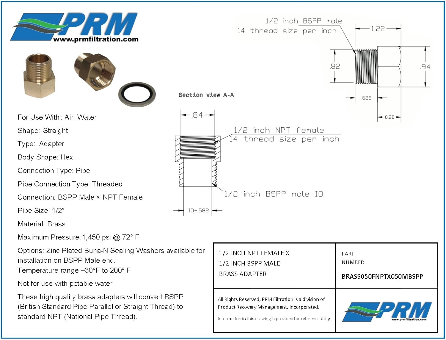 PRM Industrial Brass Adapter 1/2 Inch NPT Female x 1/2 Inch BSPP Male with Sealing Washer, Max Pressure 1450 PSI, Buna-N Seal, For Air and Water Use, Not for Potable Water
