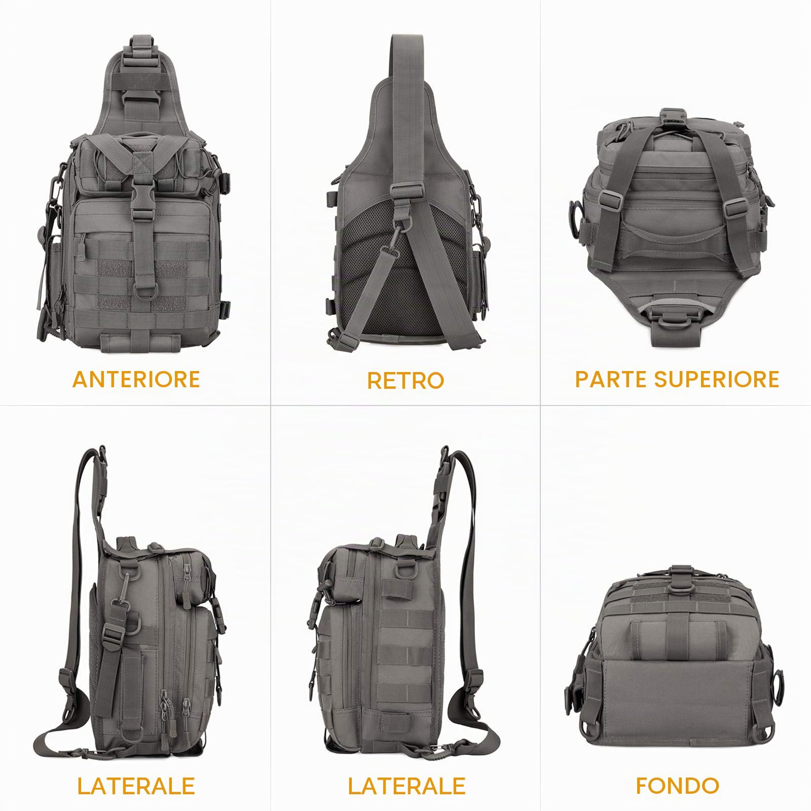 HUNTVP Zaino Monospalla Uomo Tattico Borsa Petto Impermeabile Borsa a Tracolla Militare per Campeggio Escursionismo Ciclismo Viaggio, Type-3 Grigio