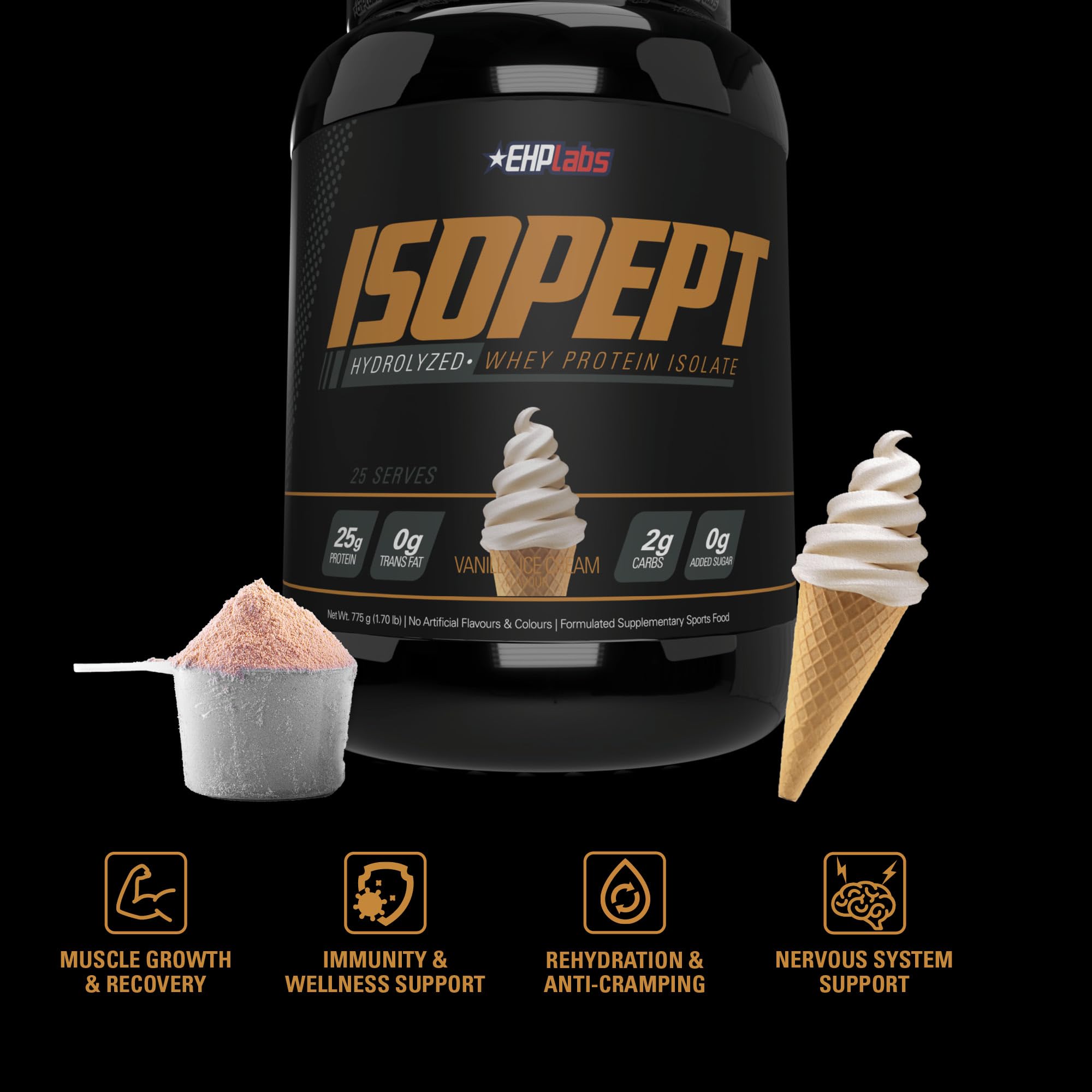 IsoPept Hydrolyzed Whey Protein Powder by EHPlabs - 100% Whey Protein Isolate & Hydrolysate, 27g of Protein, Non-GMO, Gluten Free, Fast Absorbing, Easy Digesting, 27 Serves (Vanilla Ice-Cream) — Amazon image 4