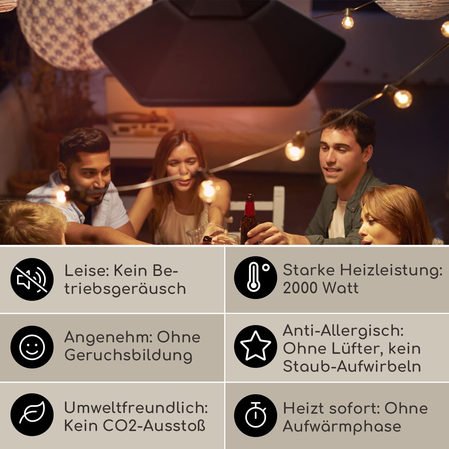 blumfeldt Heat Hexa Heizstrahler Terrasse, Infrarotstrahler Terrasse mit Elektroheizung, Deckenheizstrahler mit Heizleistung: 800 / 1200 / 2000 W, IR ComfortHeat, Halogen-Heizelemente, schwarz