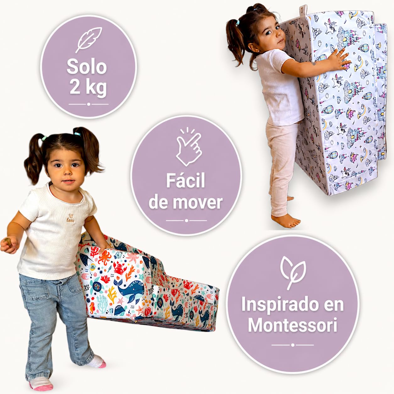 Sofá infantil plegable 2 en 1 de espuma alta densidad (25 kg/m³) - Sillón infantil ligero 2 kg, desenfundable, seguro, OEKO-TEX, Montessori desde 9 meses, no comprimido al vacío. (UNICORNIOS)