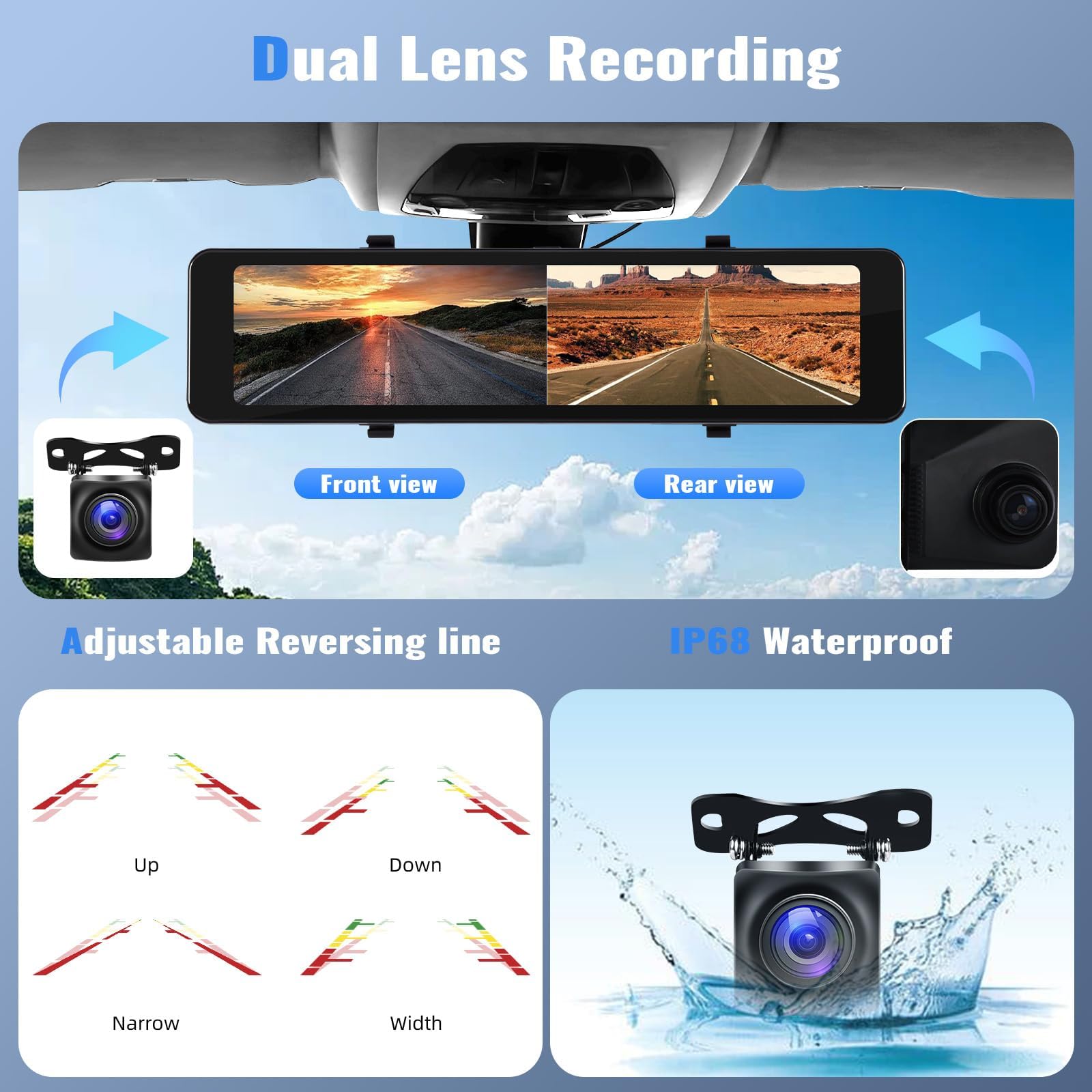 CAMECHO Rétroviseur Dash Cam 11.26" avec Apple CarPlay Android Auto et caméra de recul sans Fil, Smart Screen Mirror pour Voitures Et amions avec Vision Nocturne Carte 64G