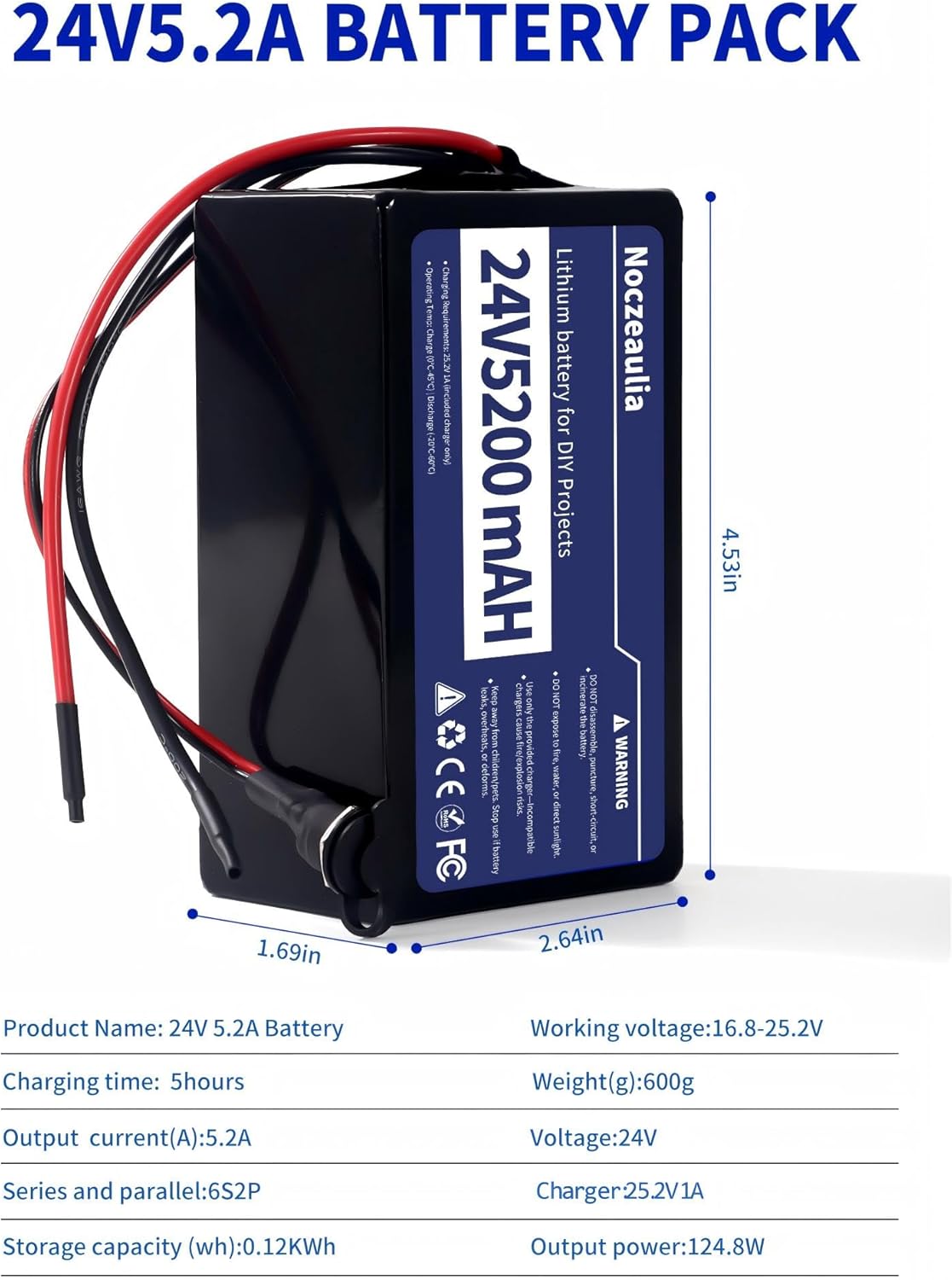 24V 5.2Ah Lithium Battery with 25.2V 1A Charger, 24V Rechargeable Battery for LED Strips and DIY Projects Black - Image 2