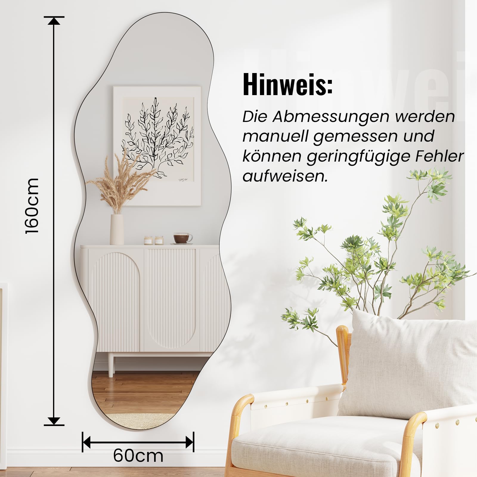 Muzilife Specchio asimmetrico per tutto il corpo, 160 x 60 cm, irregolare grande specchio da parete con pannello posteriore in MDF, specchio decorativo per parete, soggiorno, bagno, corridoio