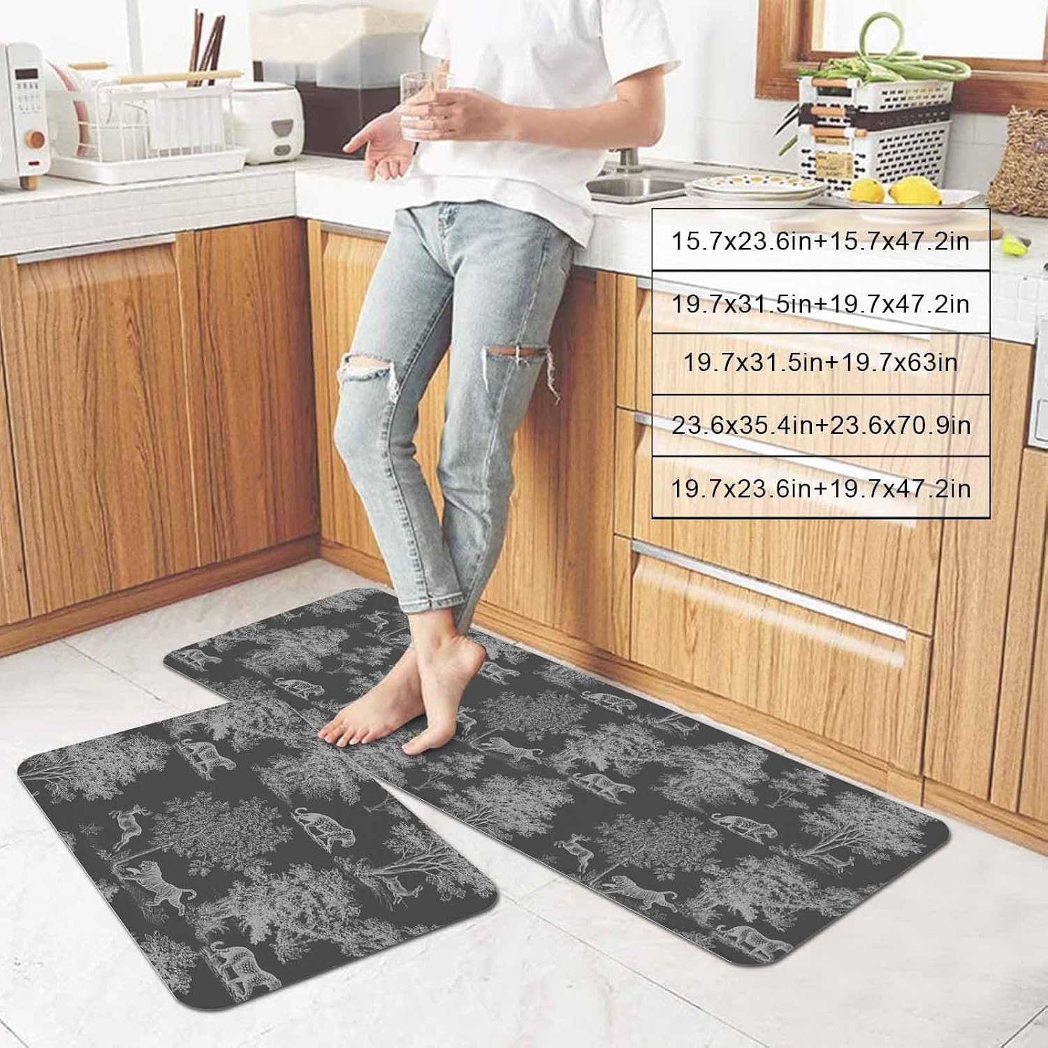 Prime Leader Forest Animal Kitchen Mat Set 2 Pieces Vintage Forest Deer Leopard Dark Grey Non Slip Kitchen Rugs Washable Runner Rug Mats for Sink Laundry (19.7" x 31.5"+19.7" x 47.2")
