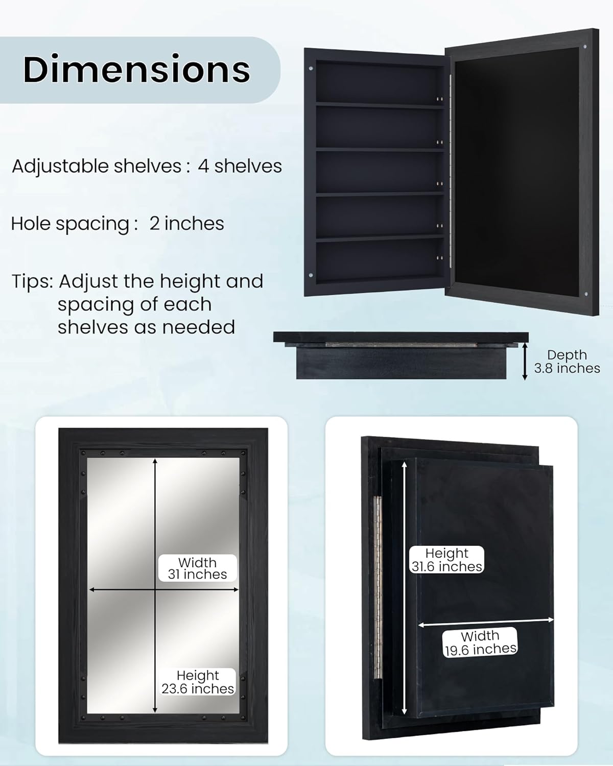 Medicine Cabinet Mirror 24 x 36 Inch Farmhouse Bathroom Mirror Door Solid Wood Storage Cabinet with Adjustable Shelves, Wall Mounted for Bathroom Living Room, Black