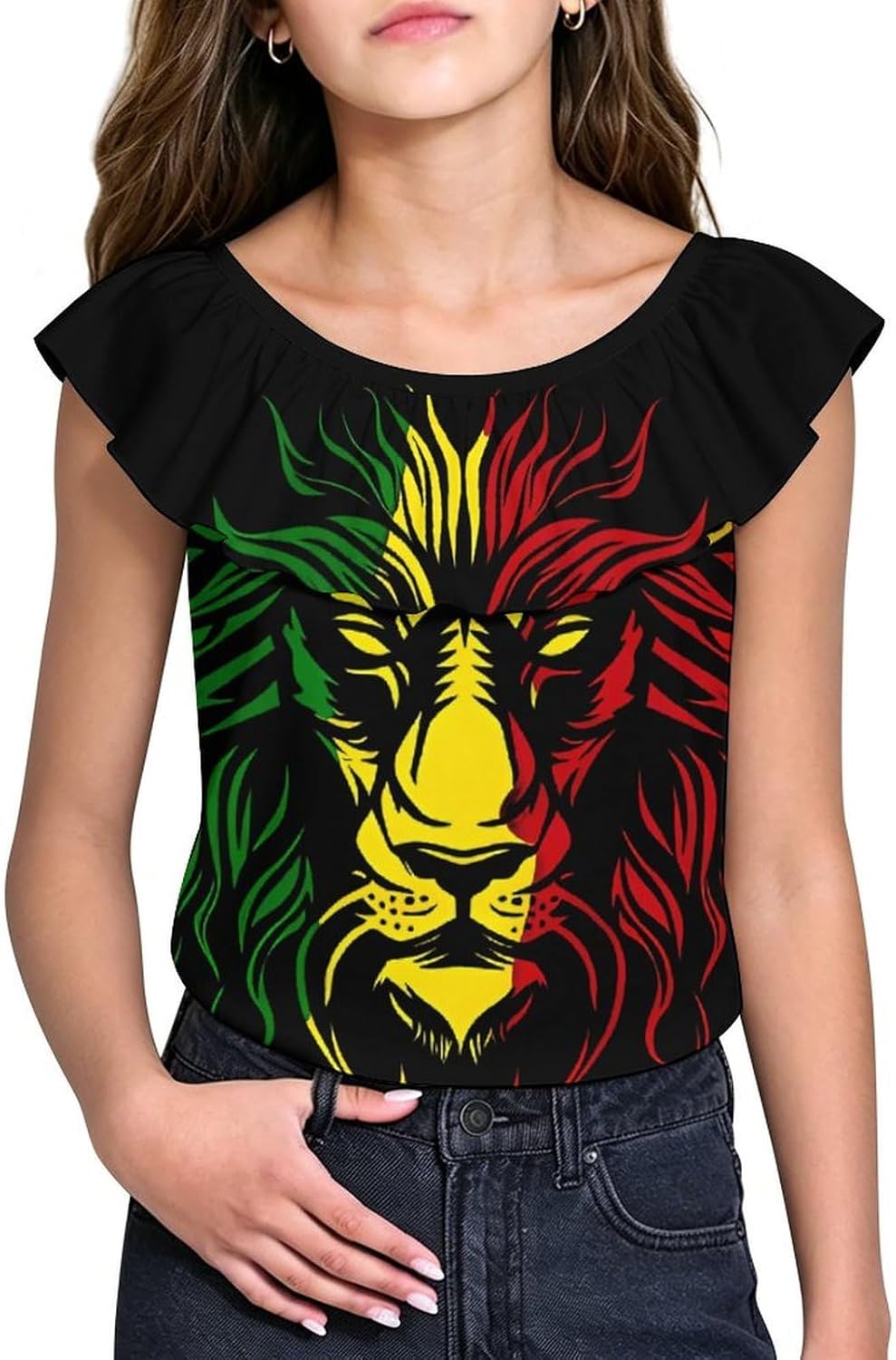 African Lion Rasta Jamaica Girls T-Shirts Top Ruffle Short Sleeve Blouse Casual Graphic Tees