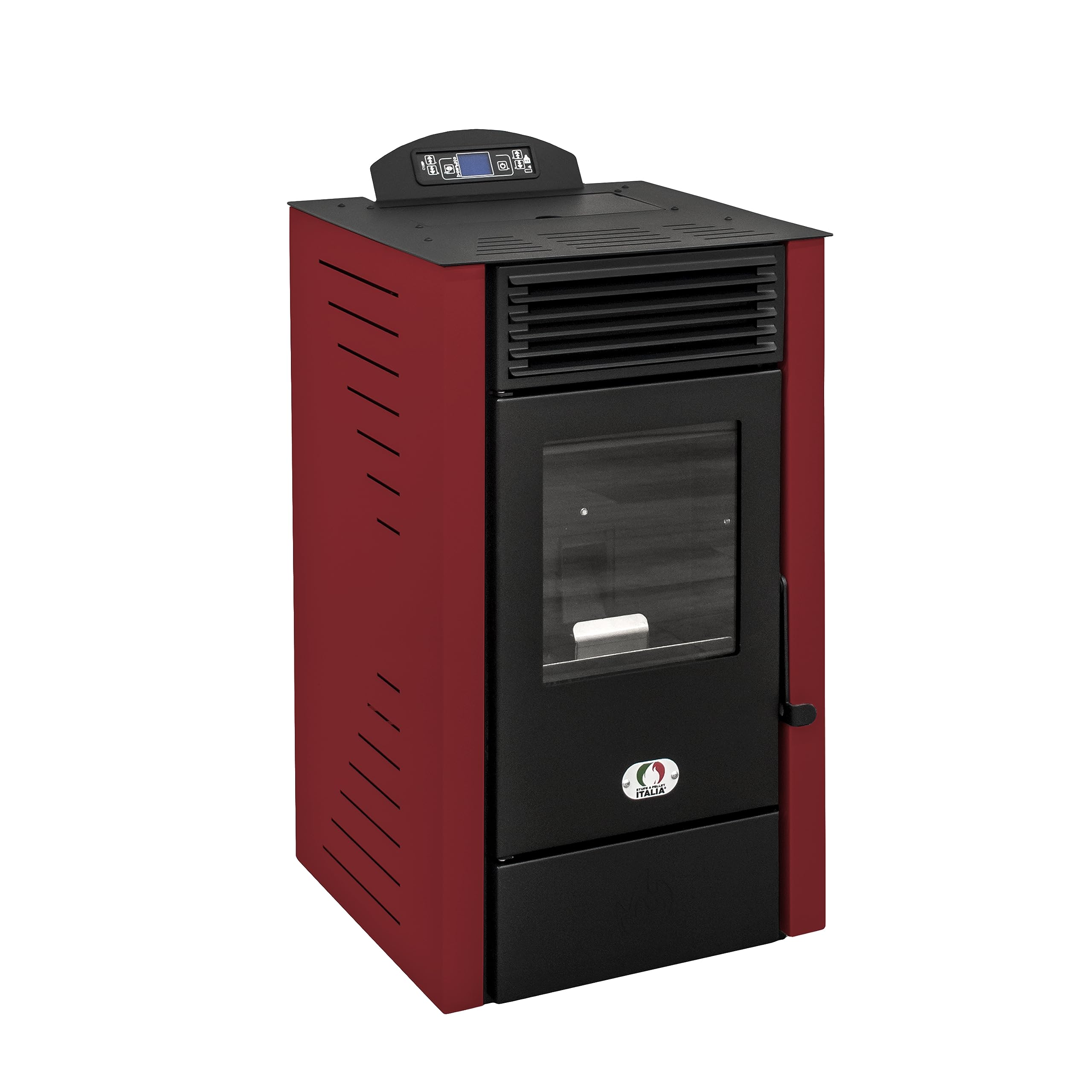 STUFE A PELLET ITALIA SRL - California 8 kW piec na pellet, wentylowany, ogrzewanie do 60 m2, 5 poziomów mocy, 5 prędkości wentylacji, programowalny, czerwony