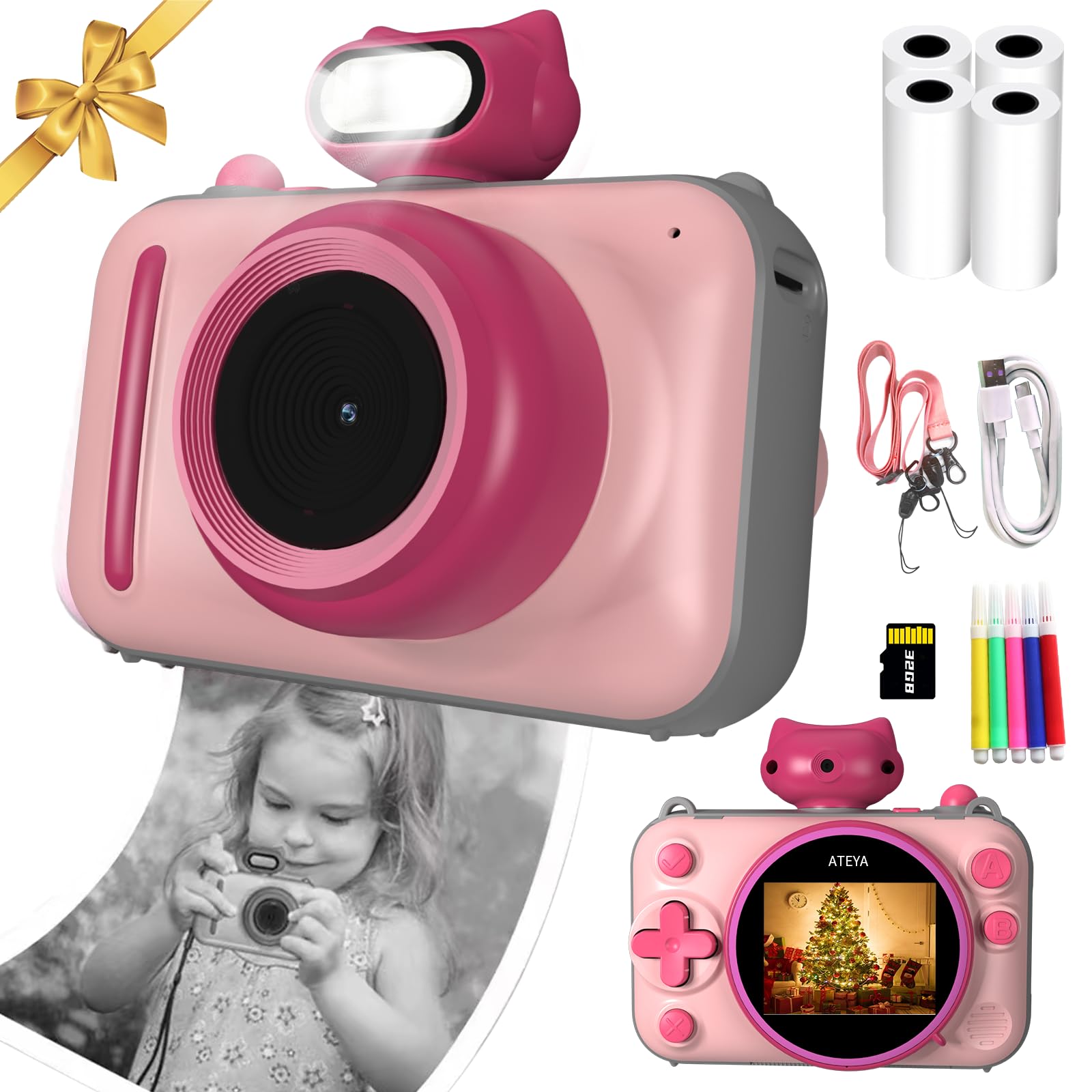 ATEYA Kids Camera Instant Print for Girls Age 3+, 48MP 2.5K UHD Kids Digital Camera with Strap Portable, DIY Instant Print Camera for Kids with 4 Mini Printer Paper, Pink Instant Digital Camera-image-4