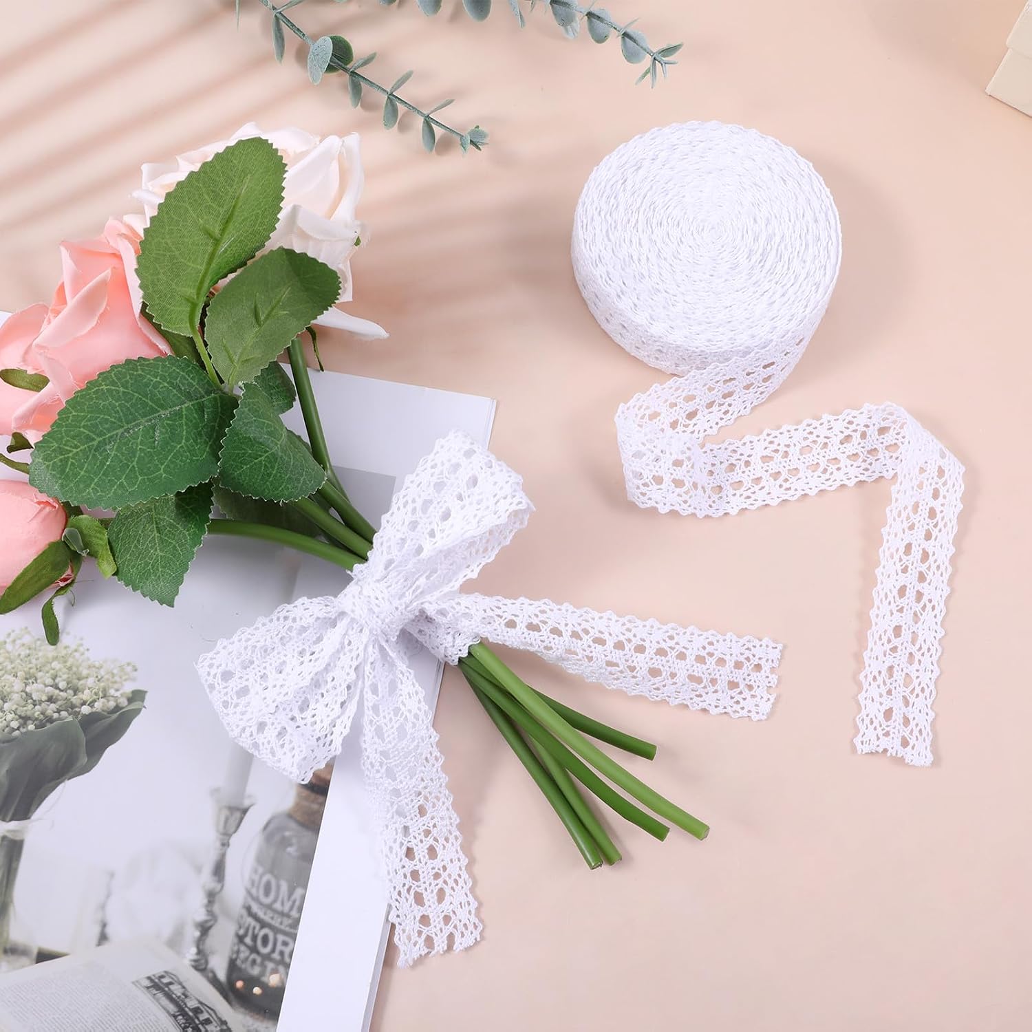 Lace Ribbon, 1 Inch Wide 10 Yards White Vintage Cotton Lace Trim Decorative Crocheted Sewing Lac Fabric for DIY Crafts, Gift Wrapping, Scrapbooking, Wedding Home Decoration