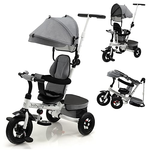 BABY JOY Triciclo, bicicleta 4 en 1 para niños pequeños con mango de empuje extraíble, campana, asiento reversible, rueda de EVA, toldo ajustable,