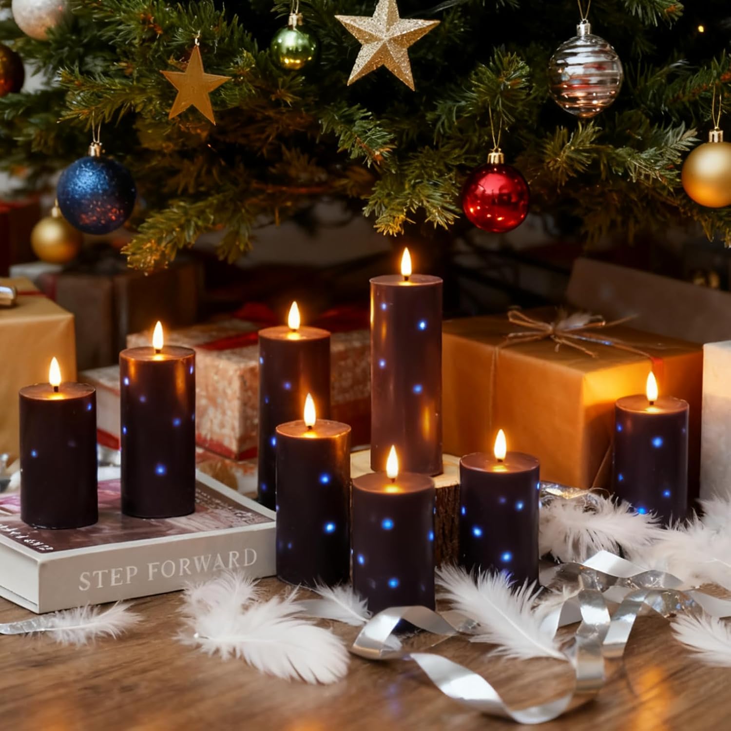 Nimiko Flickering Flameless Candles with Remote Control and Timer Set of 5 Pc Real Wax LED Pillar Candles, Battery Operated Candles（D2.2×H5/5.5"/6"/7"/8"） Halloween Decorations Home Decor （Black）