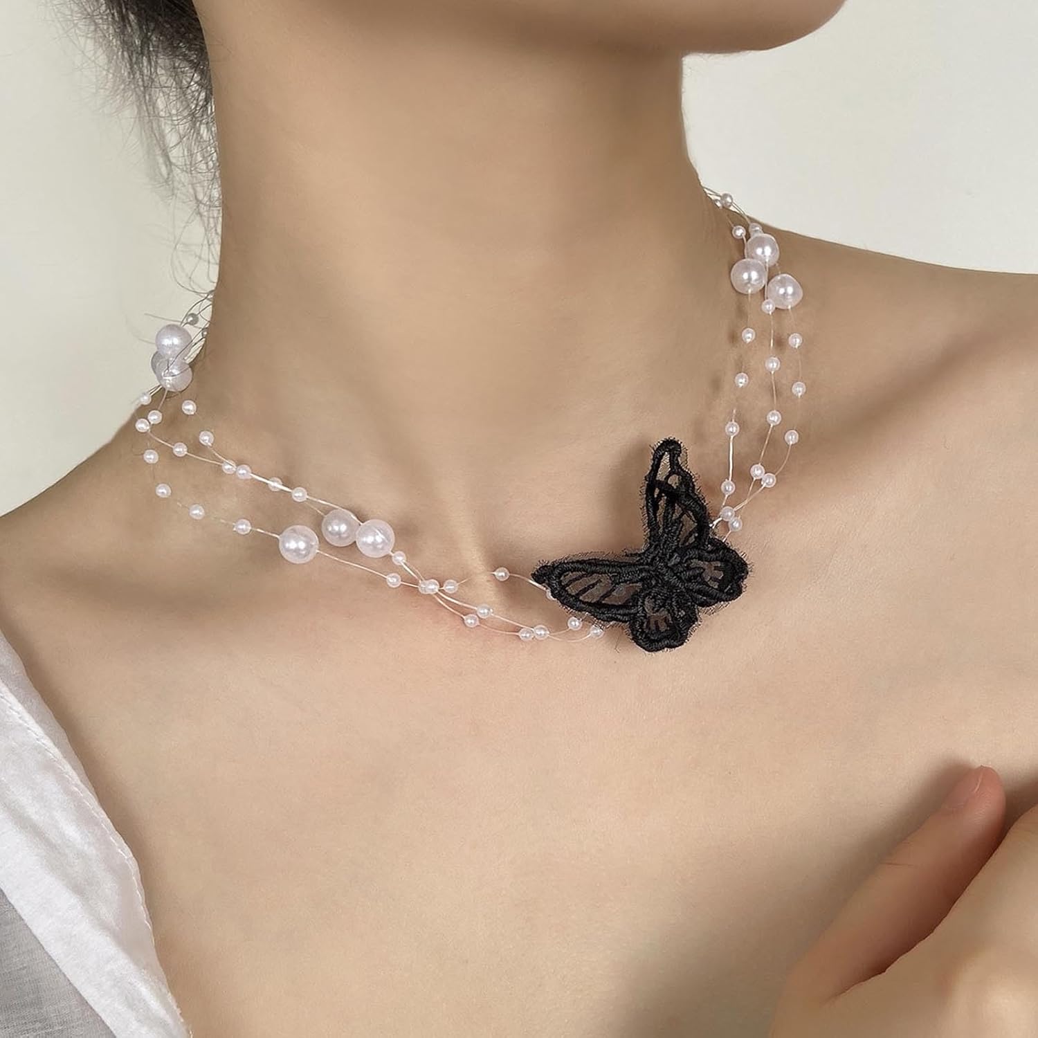 Vintage Layered Lace Butterfly Choker Necklace Boho Pearl Choker Necklace Hollow Butterfly Necklace Clear Transparent Chain Necklace Pearl Station Necklace for Women - Image 2
