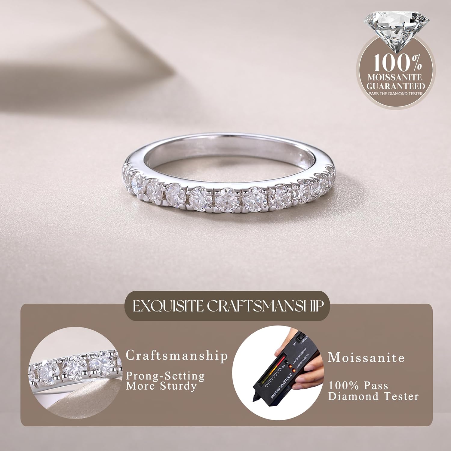 Moissanite Wedding Band Ring, 3mm Wdith Half Eternity Band Moissanite D Color VVS1 Simulated Diamond Rings 925 Sterling Silver Prong Setting, Anniversary and Bridal Gift for Women Wife, All Size - Image 5