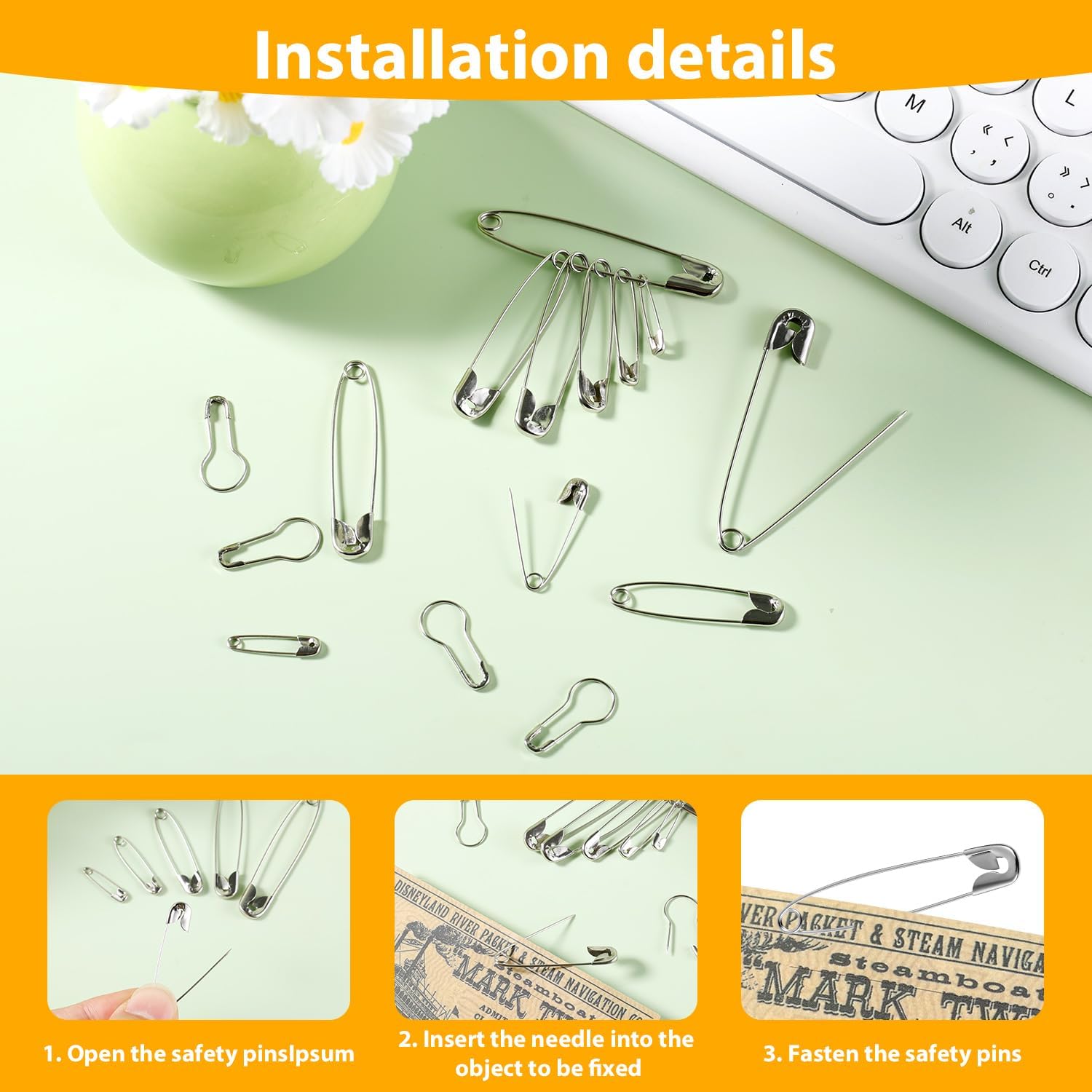500pcs Safety Pins Assorted Size, 2 Design Metal Stainless Steel Sewing Bulb 22/19/28/38/45/54mm Strong Small Clothing Tag Gourd Calabash Bulb Pin with Storage Box for Clothes Craft Knitting Quilting