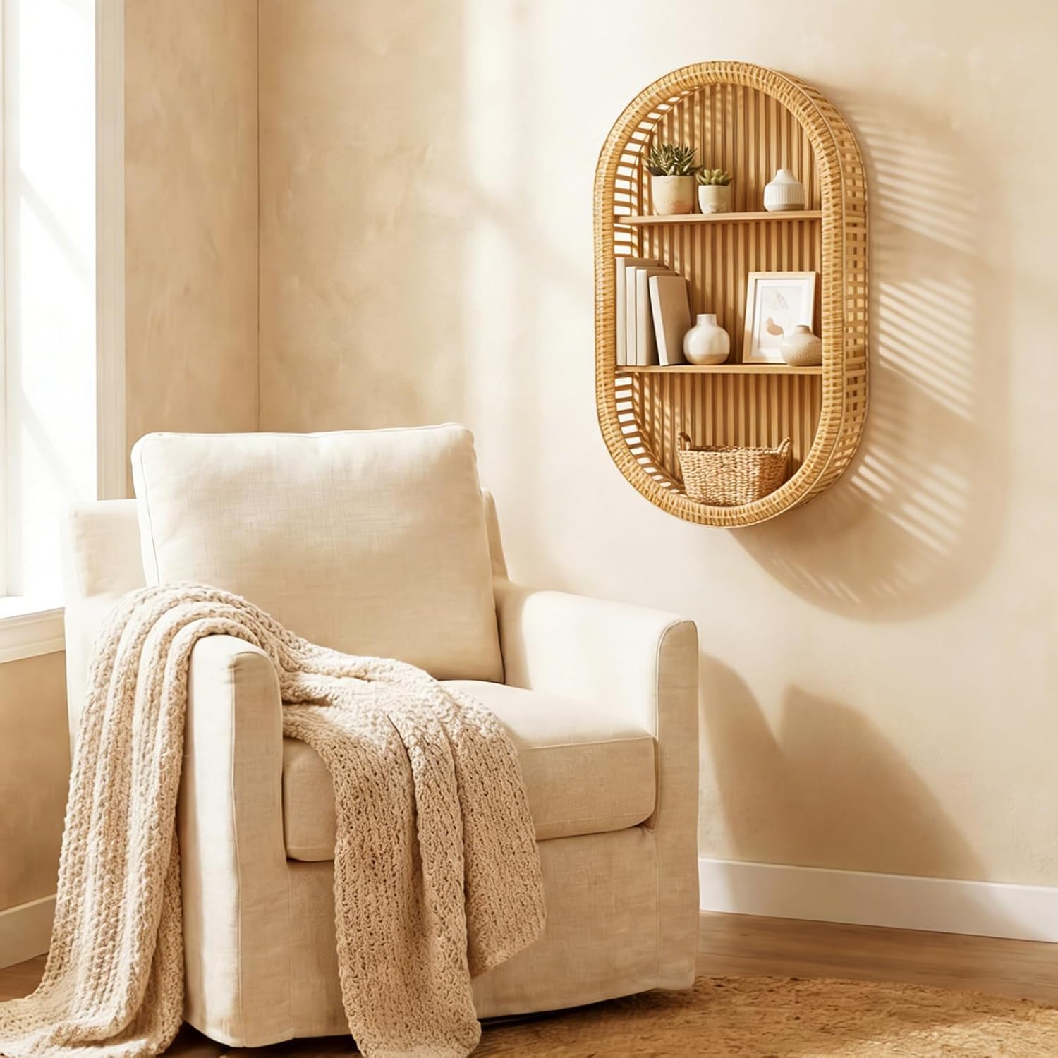 Vercraft 3 Tier Natural Rattan Wall Shelf 28" x 16" Arched Oval Boho Floating Farmhouse Shelves with Handwoven Design for Bathroom Living Room Bedroom Nursery Storage Decor