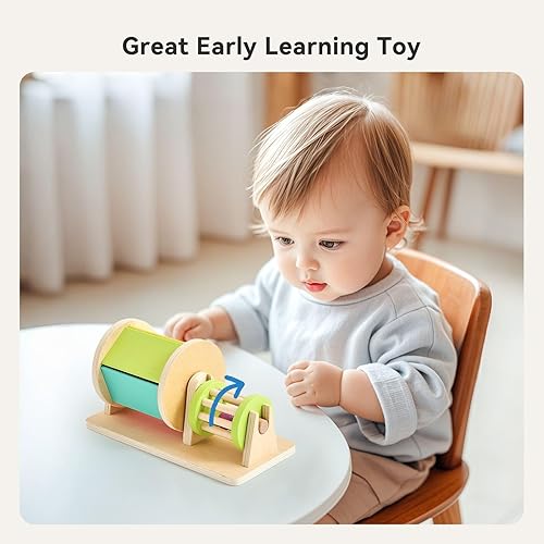 Miniatura 7 de Juguetes Montessori 2 en 1 para bebés, combo de tambor giratorio de madera y sonajero rodante para 3, 6, 12 meses, juguetes de desarrollo sensorial