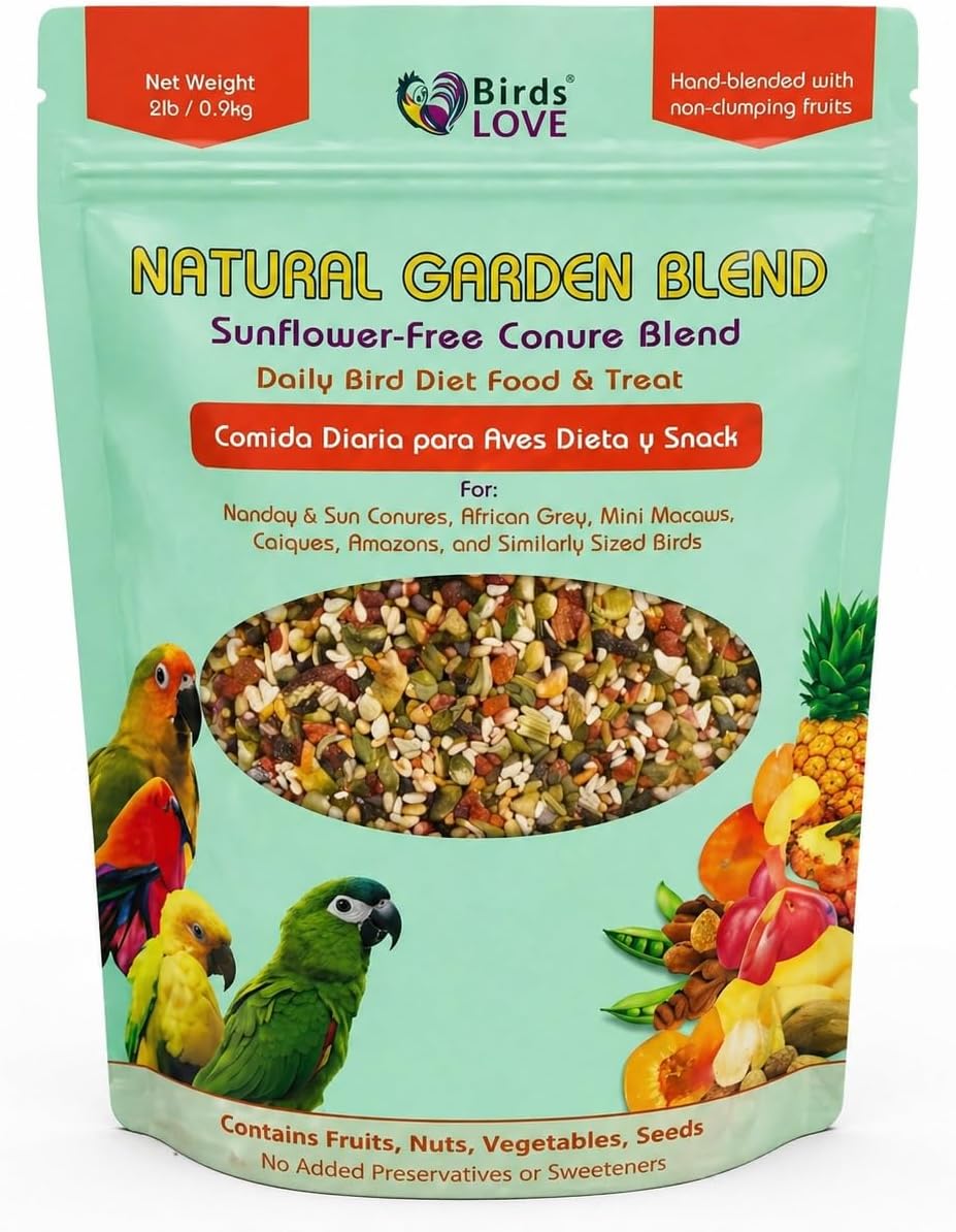 Natural Garden Blend Conure Food, Sunflower Free Bird Seed Mix with Fruits, Nuts, Vegetables and Seeds, All Natural Daily Diet and Treat, 2 lb