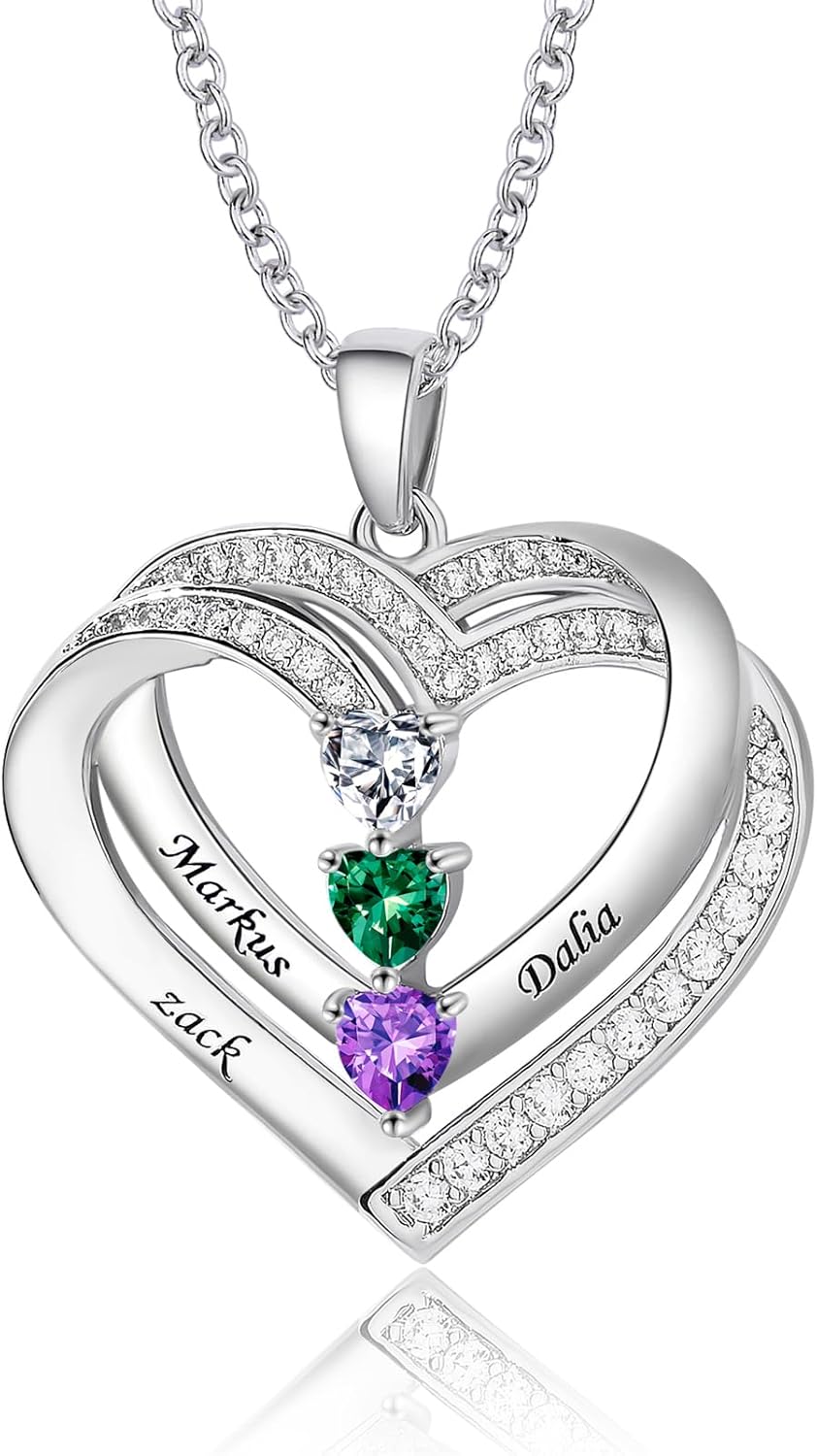 BAUMA AUTO Personalized Heart Necklace with 1-4 Simulated Birthstones Custom Mother Name Necklace for Women Family Necklace for Mother's Day Christmas