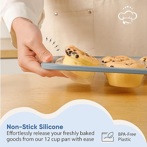 Miniatura 3 de Chef's Path Molde de silicona para magdalenas, antiadherente sin BPA, para magdalenas y cupcakes con marco de acero inoxidable, 12 tazas, 1 paquete,