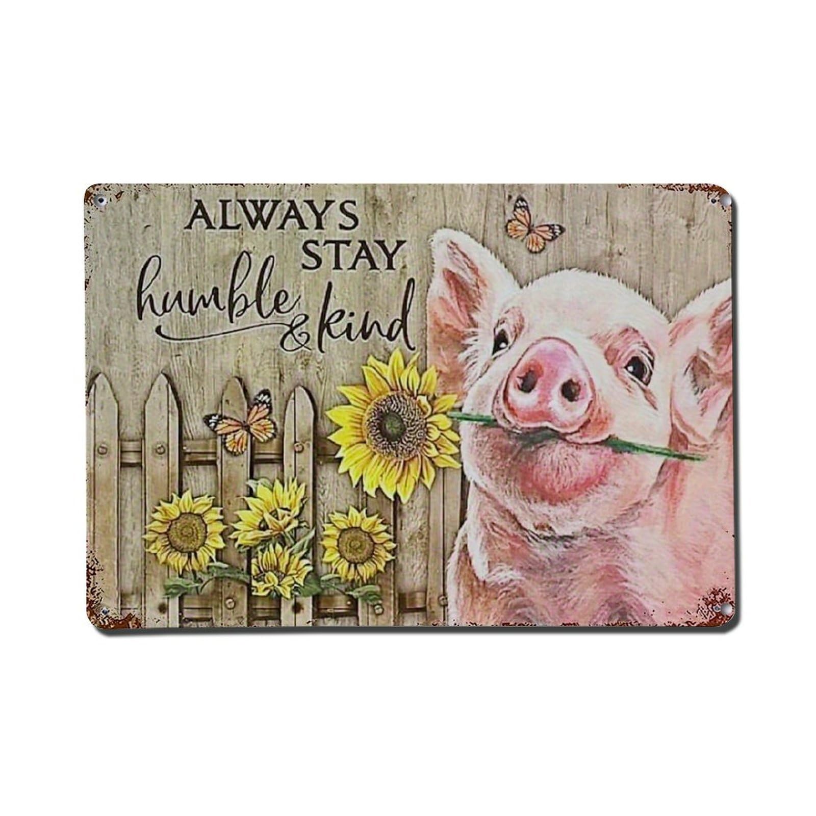 Pig Sunflowers Butterflies Fence Wood Retro Metal Tin Sign, Vintage Decor Art Poster for Bar, Home, Man Cave, Kitchen, Laundry Room Gift 8x12Inch