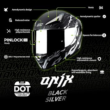 HAX Onix Full Face Motorcycle Helmets for Men Dual Visor Motorbike Helmets with Pinlock Ready DOT Approved Comfortable Fit Matte Black & Silver L