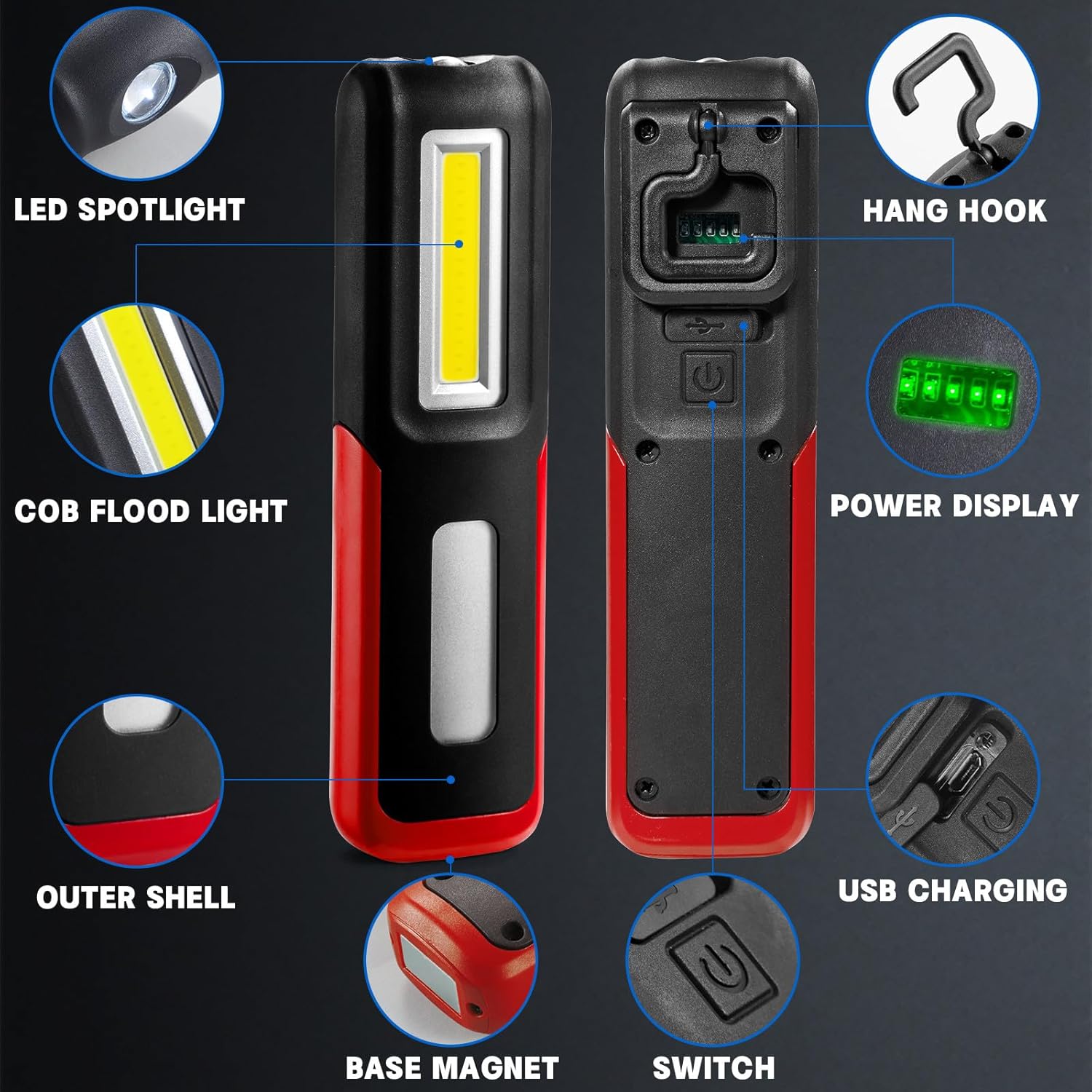 Rechargeable LED Flashlight Magnetic Light, Portable Work Light Trouble Lights Lamp for Mechanics, Compact Reliable and Super Bright Flash Light for Tool Gifts for Men(Red)