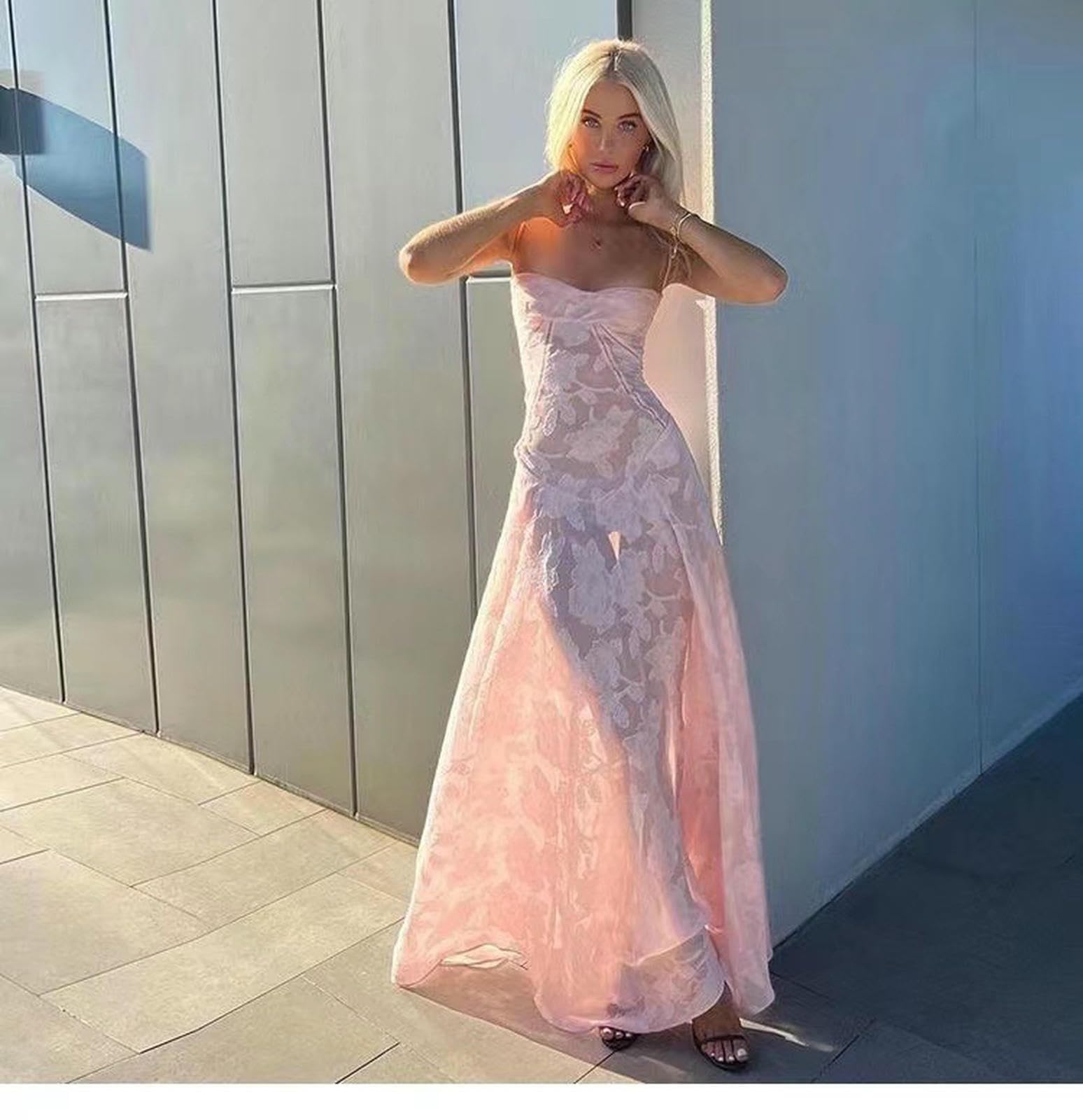 Damska długa spódnica Lato Bohemian Scarf Neck Koktajlowa Kwiatowa Sukienka Maxi-Rose-m