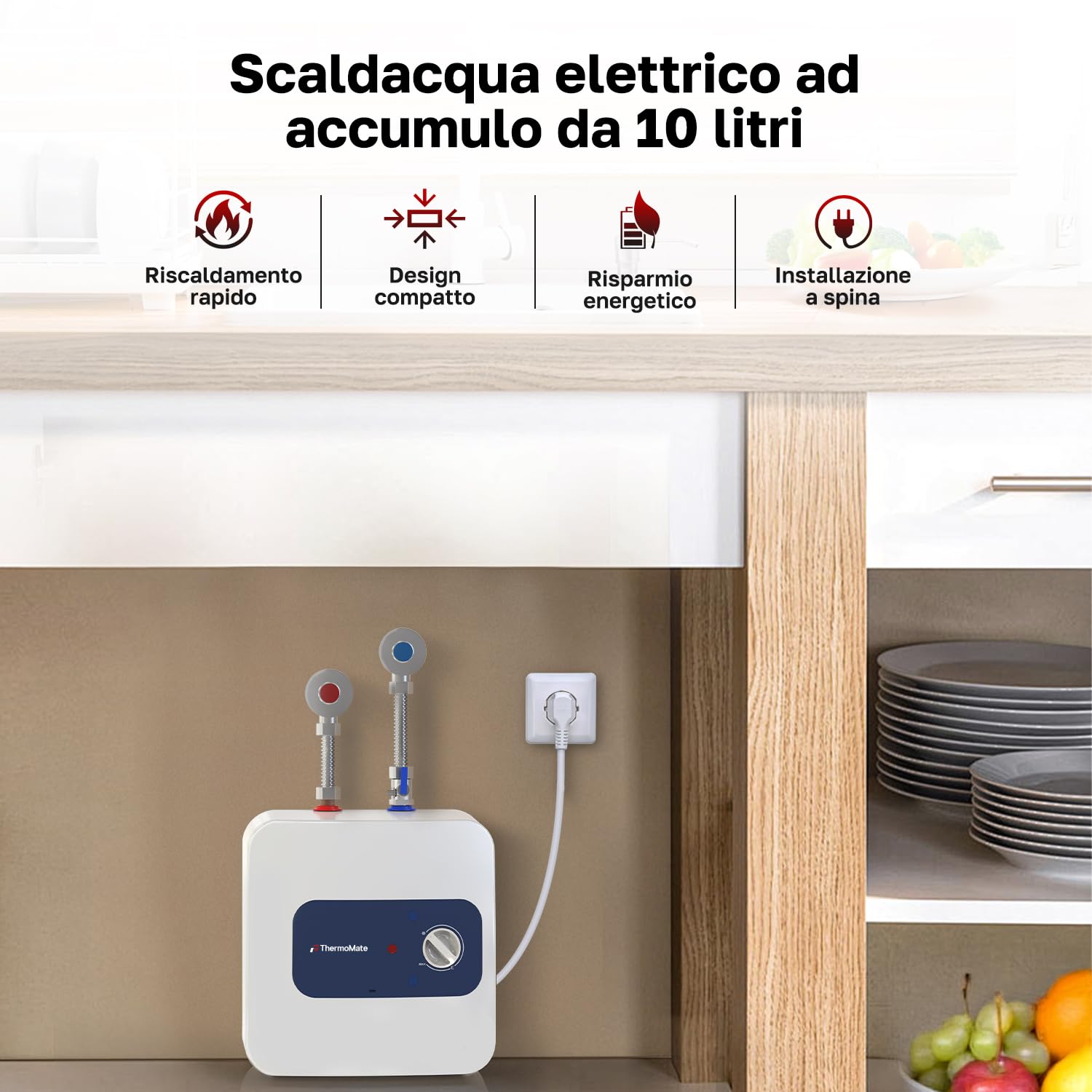 ThermoMate Scaldabagno Elettrico, 10 Litri, 2000W, Sottolavello, Compatto e poco ingombrante, Con spina a 230V, plug e giocare