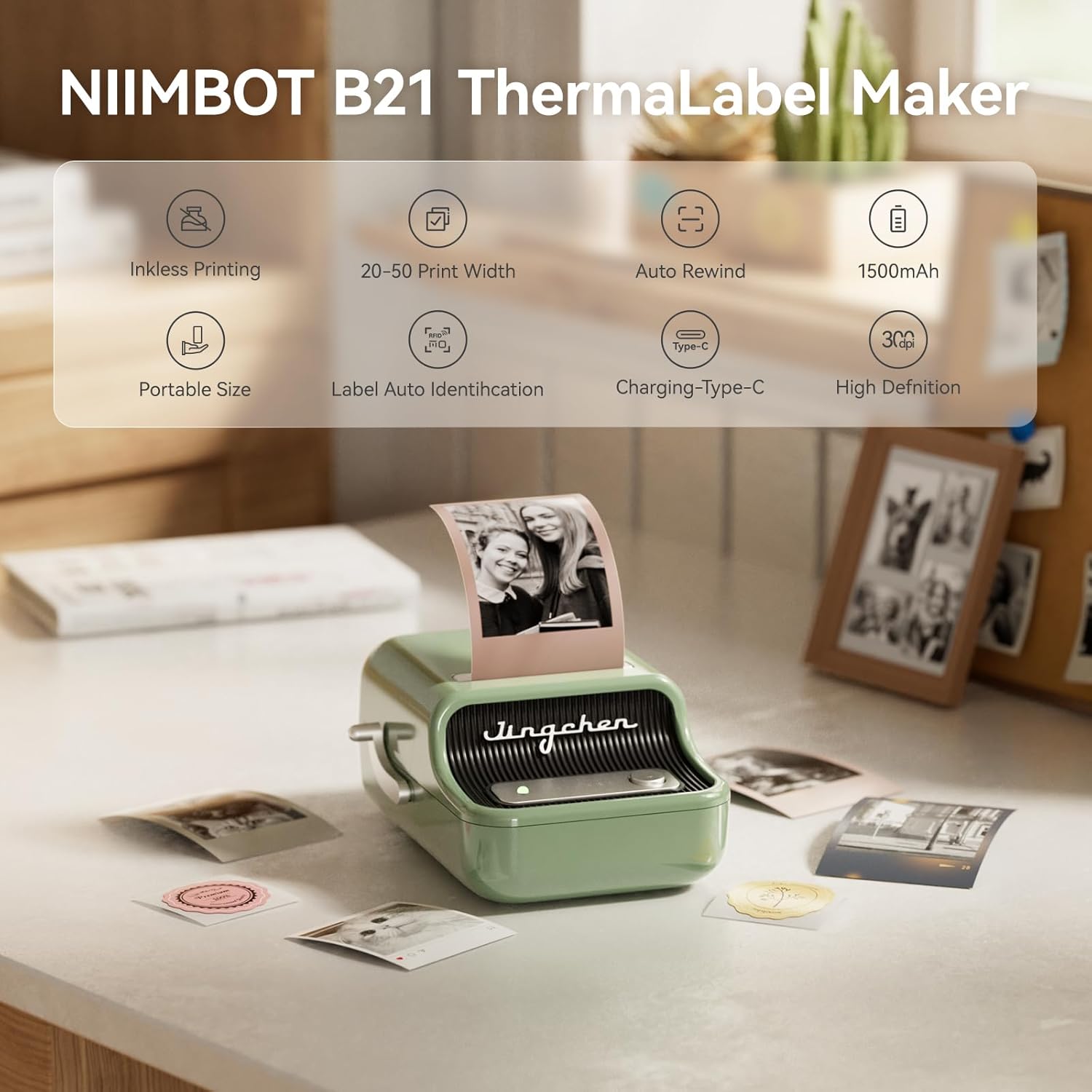 NIIMBOT B21 Pro Sticker Printer, 300DPI, Fun APP, Portable Inkless Label Printer, Bluetooth Sticker Maker for DIY Crafts, Notes, Scrapbook, Photo, Custom Labels & Gifts,Home Organization (Green) - Image 2