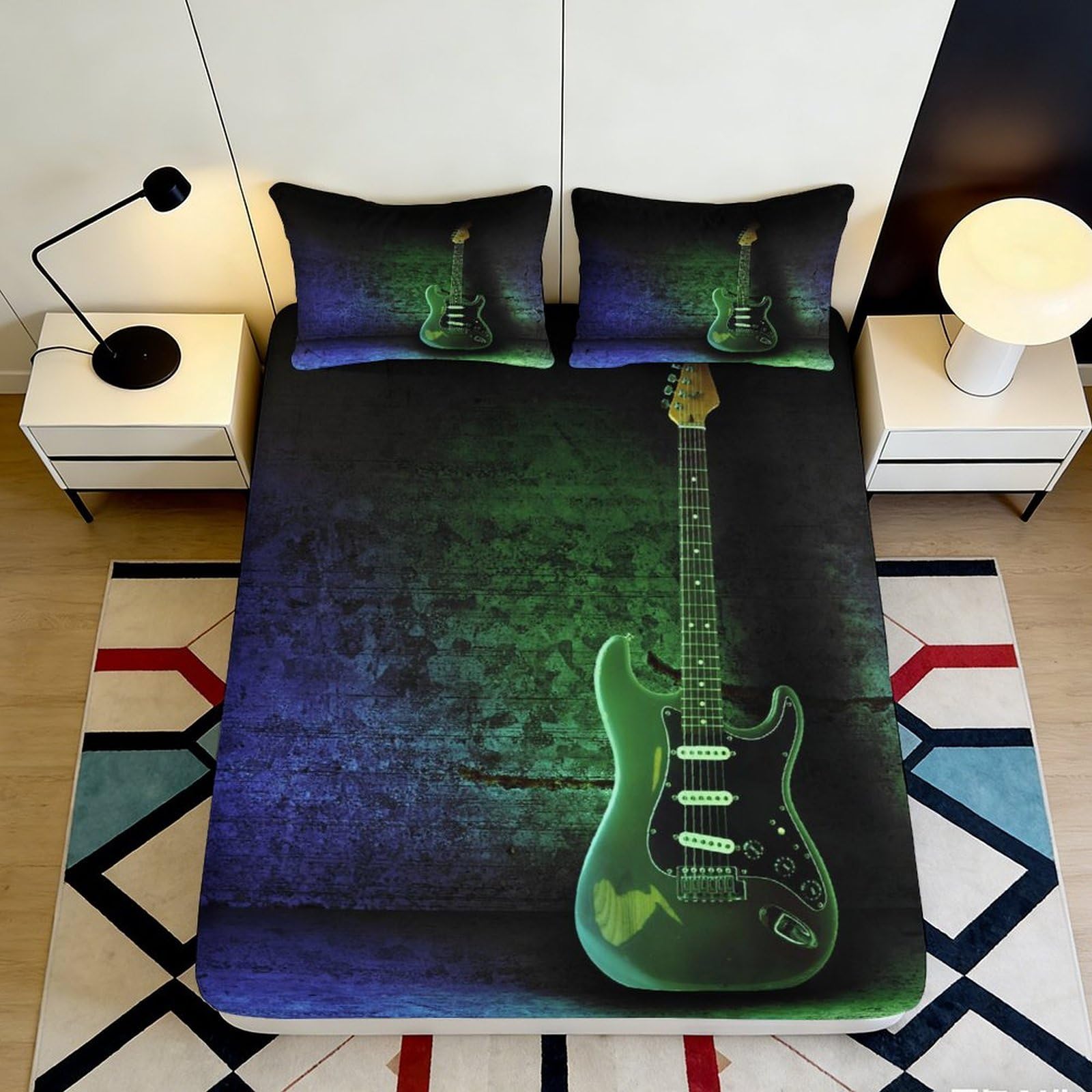 3D Printed Electric Guitar Fitted Sheet Microfiber Soft Breathable Neon Guitar Bed Cover for Bedroom Dormitory Guest Room Mattress Protection Decor 200x200x25cm