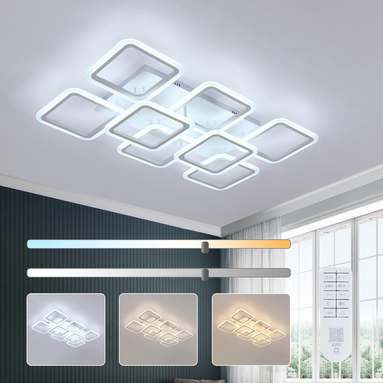 GoecoModern Ceiling Light, Dimmable LED Flush Mount Ceiling Light with Remote Control 3000K-6500K, 8-Head Square Acrylic Ceiling Light for Living Room, Kitchen, Bedroom, Dining Room