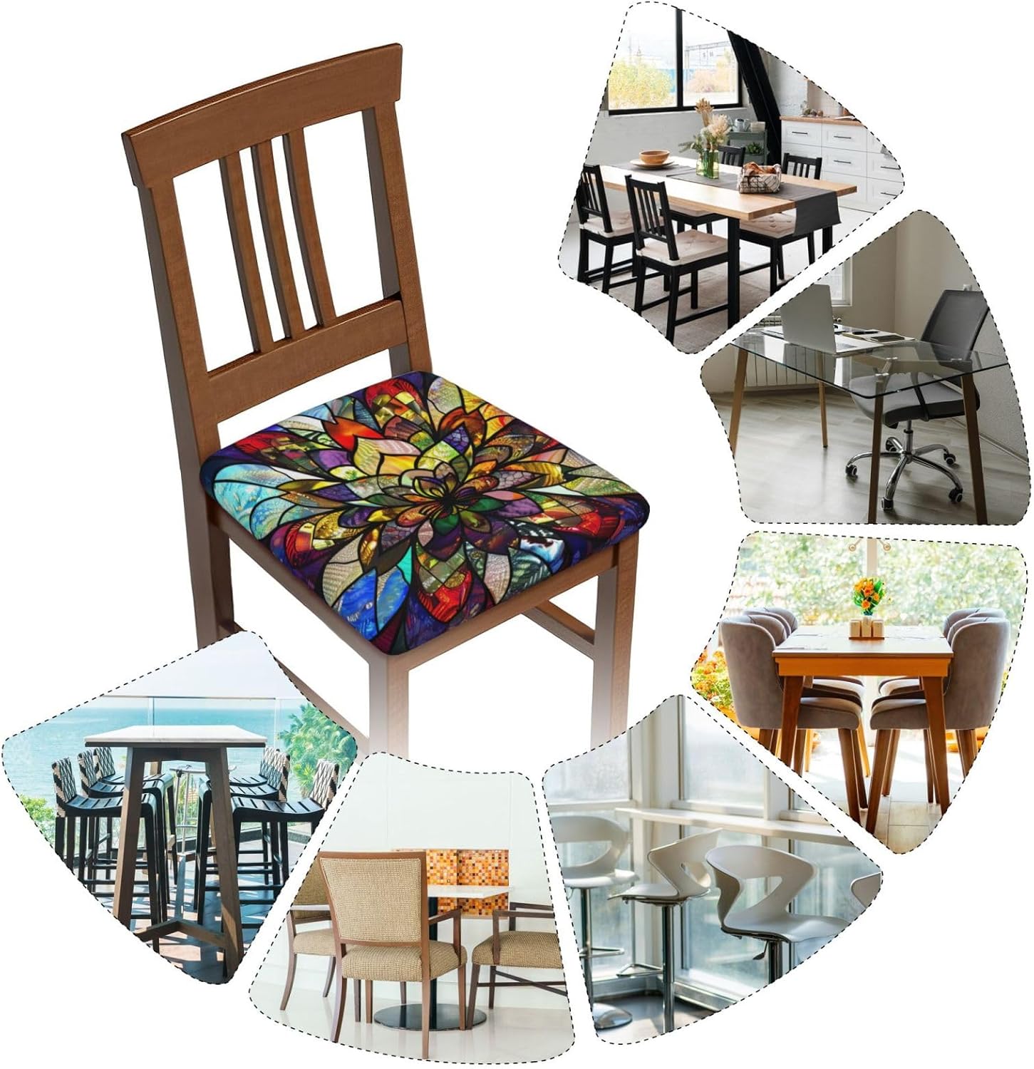 Flower Stained Glass Print Square Cushion Covers 6 Pcs Set Elastic Non-Slip Seat Cushion Slipcovers Pet Furniture Protectors for Chair, Sofa