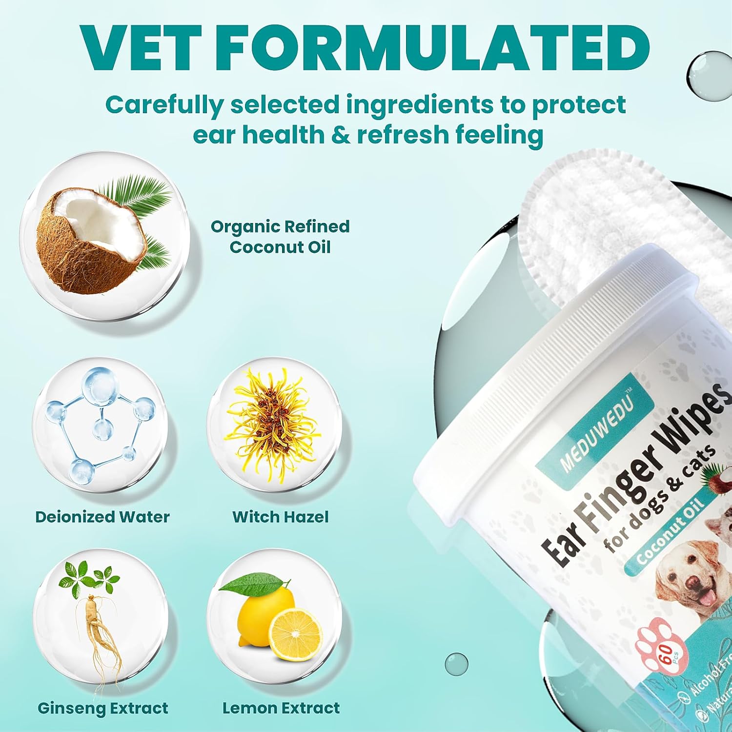 Ear Cleaner Finger Wipes 60 Counts, Dog Ear Cleaner, Grooming Kit Care for Dogs and Cats, Soft & Easy Otic Cleaning Pads, Remove Wax, Dirt & Stop Smelly, Itchy, Non-Irritating,... - Image 3