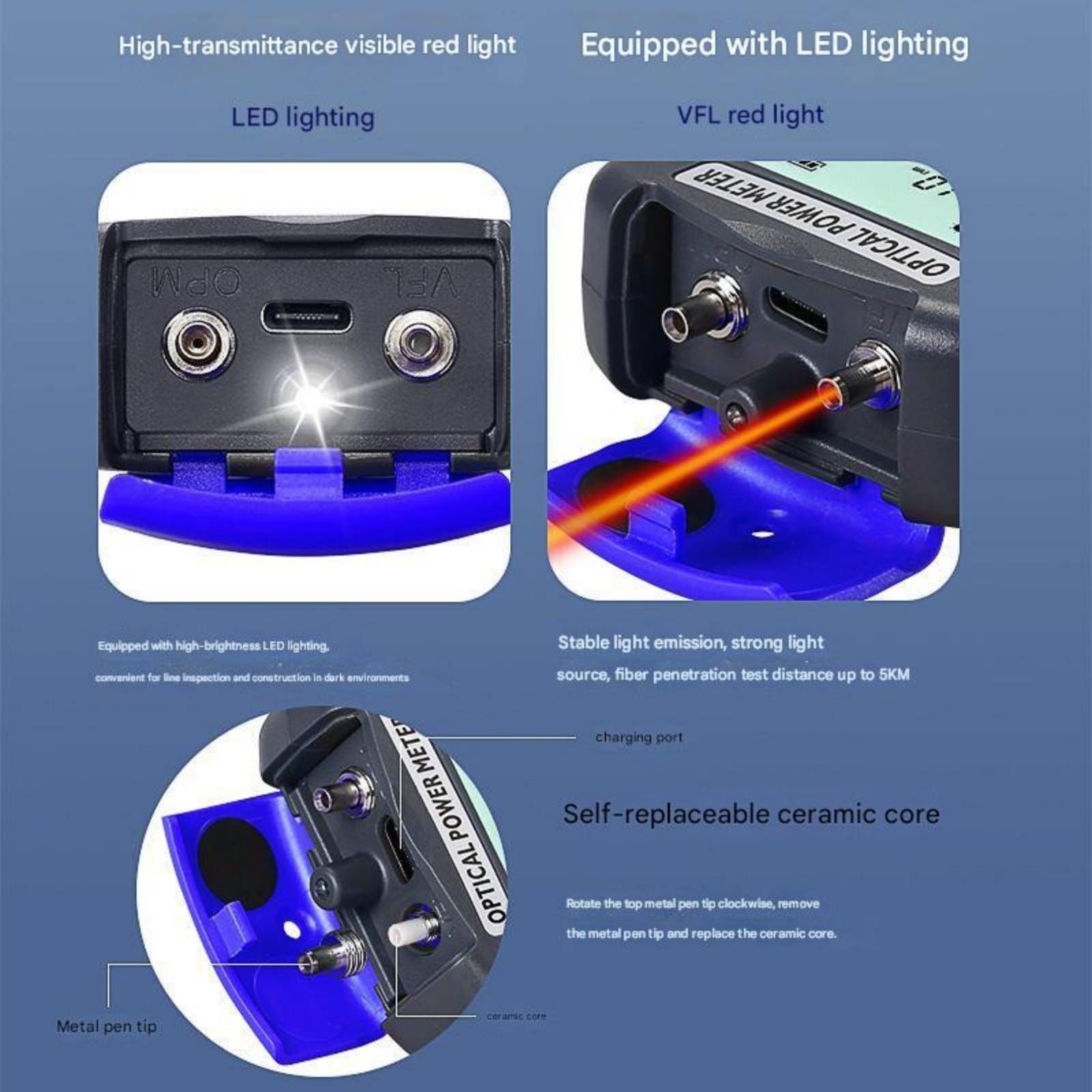 Mini medidor de potencia óptica (50 ~ +26 dBm) OPM, localizador visual fallos, 30 MW VFL FTTH, comprobador cable red fibra multifunción para prueba