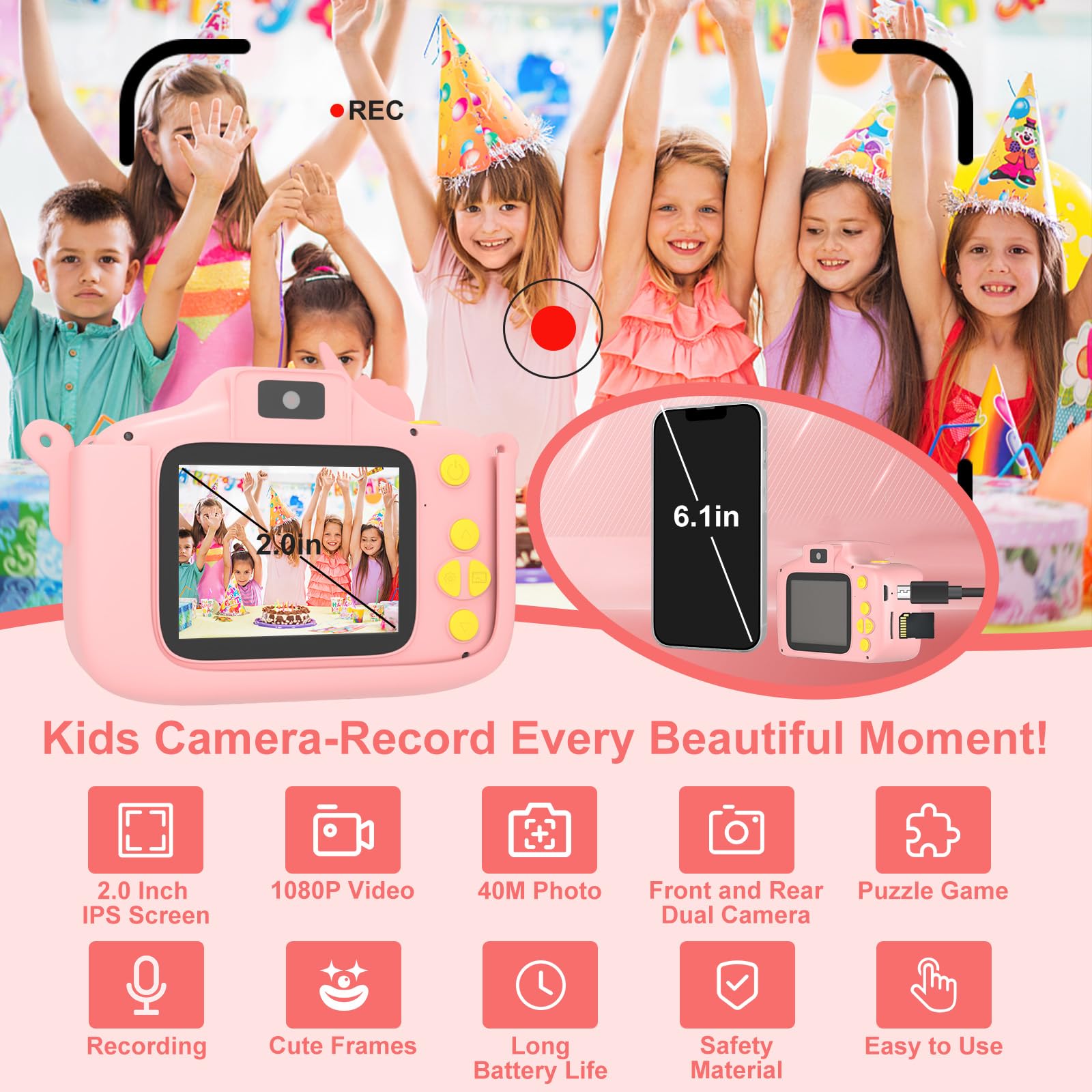 Kids Camera, Toddler Digital Camera for Ages 3-12 Girls, Christmas Birthday Gifts, Kid Selfie 1080P HD Video Camera with 32GB SD Card, Portable Toy for Toddler with Cartoon Sort Silicone Cover (Pink)