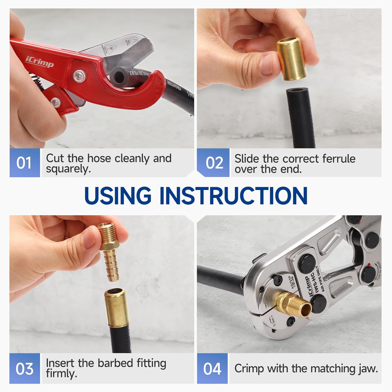 iCrimp Heavy Duty Air Hose Crimper Kit for 19/32" to 25/32" ID Ferrules with 7 Interchangeable Jaws & Cutter- Repair Tool for Rubber, Air&Torch Hoses
