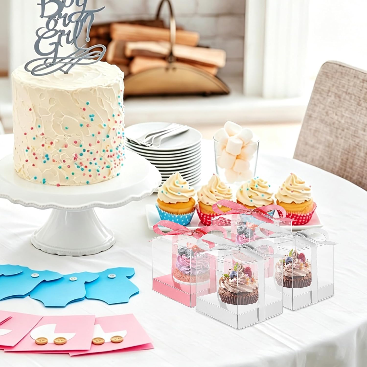 100 Pcs 3.5 Inch Clear Cupcake Boxes, Individual Clear Cupcake Containers with Ribbon and Inserts, Single Plastic Cupcakes Holders for Cake Bakery, Party Present (Rose Gold and White)