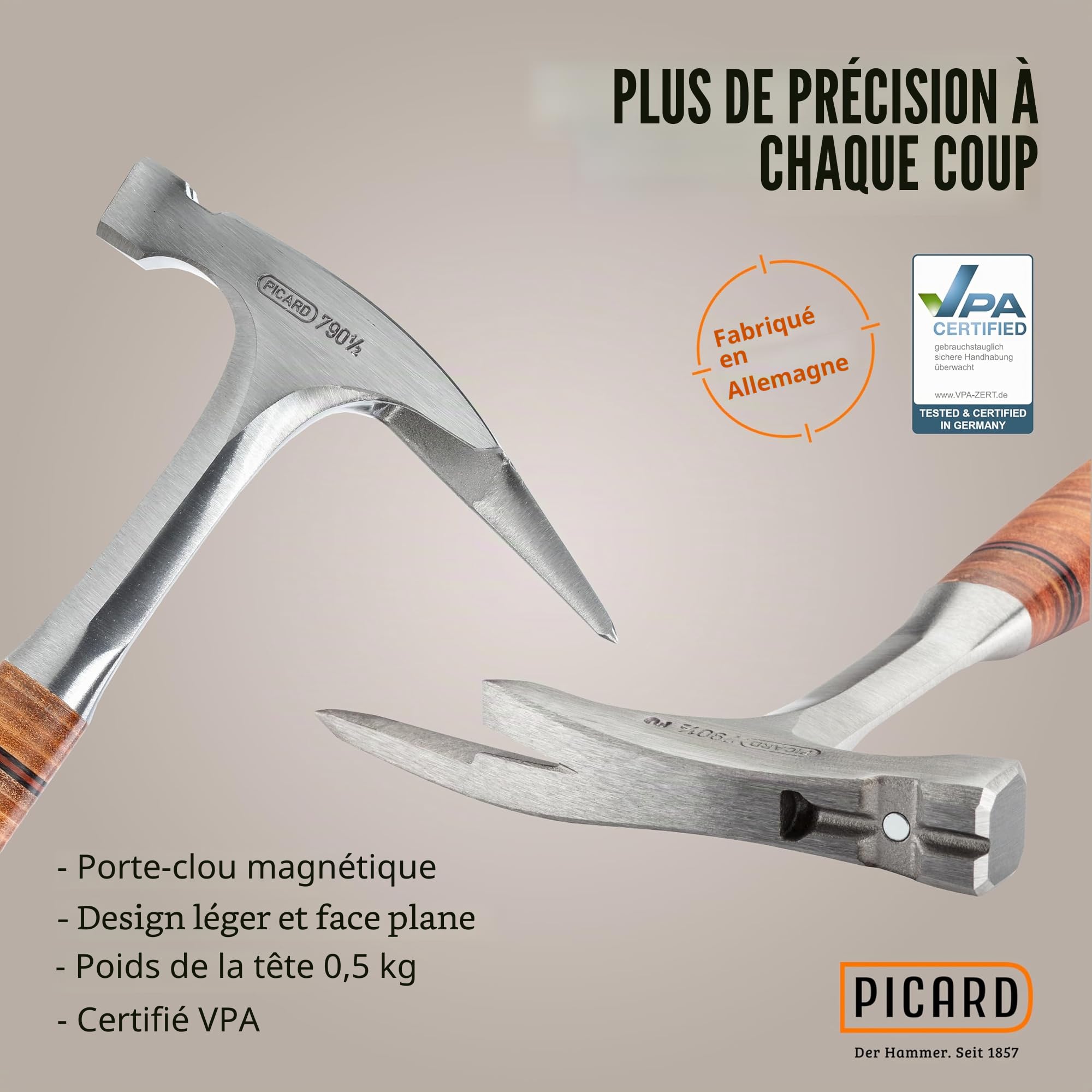 PICARD Marteau de charpentier, version légère, no. 790 1/2 lisse | Outil tout acier avec porte-clou magnétique | Marteau couvreur professionnel équilibré avec poignée cuir | Red Dot Award