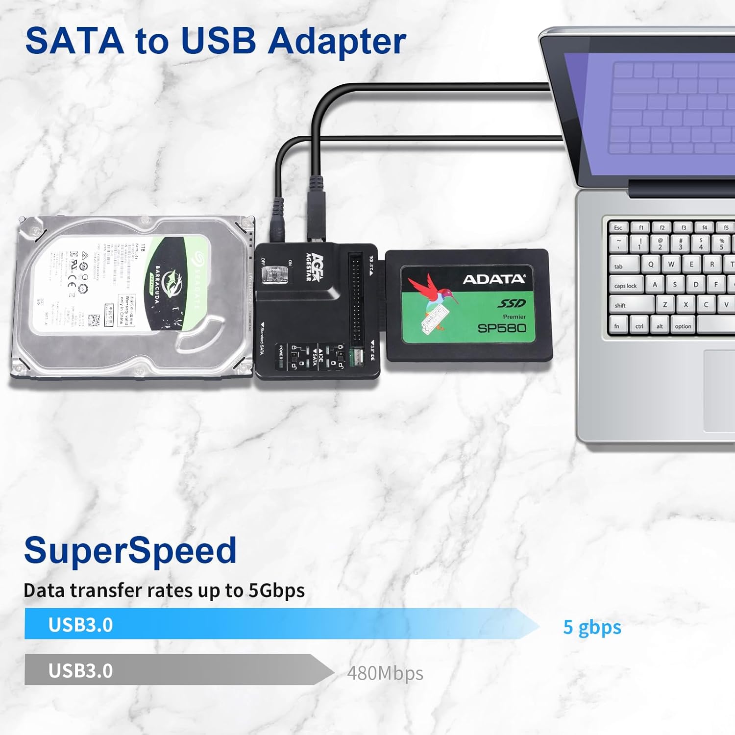 USB 3.0 to IDE and SATA Converter External Hard Drive Adapter Kit for Universal 2.5/3.5 HDD/SSD Hard Drive Disk, Included 12V/2A Power Adapter